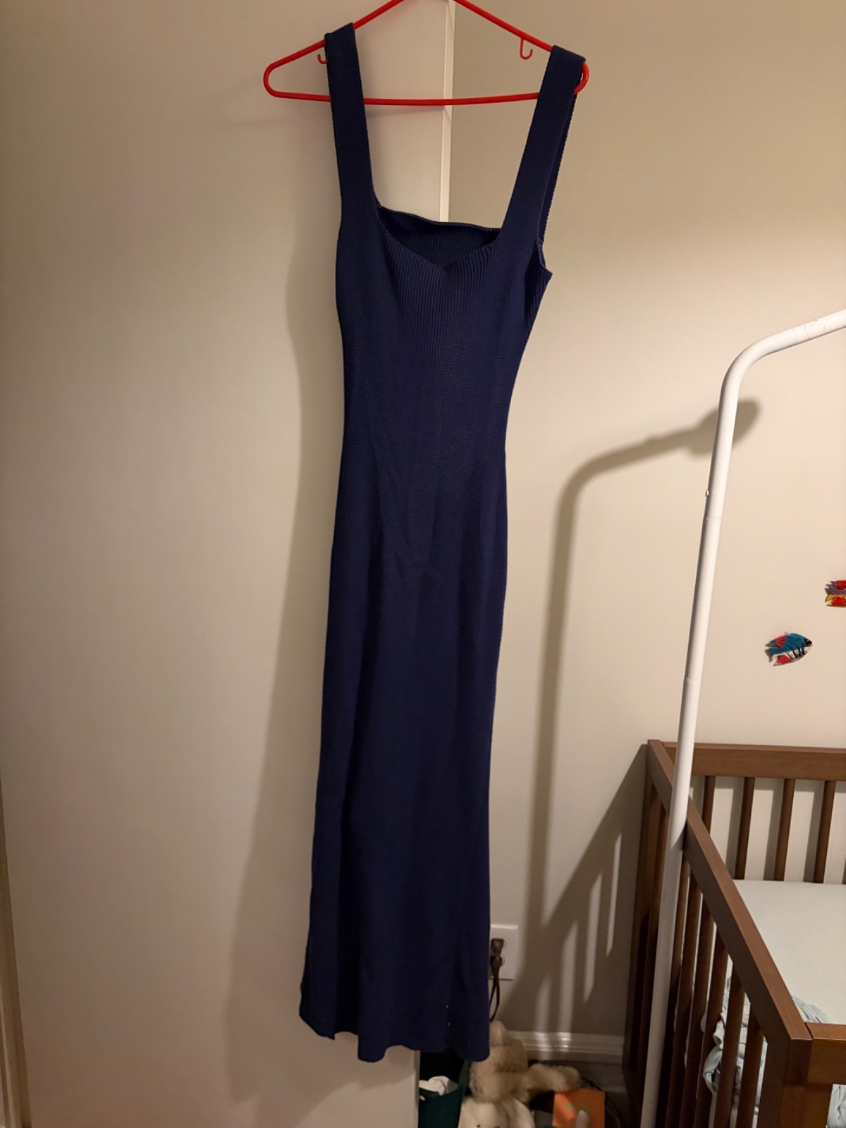 Beige Botany rib knit midi dress in navy