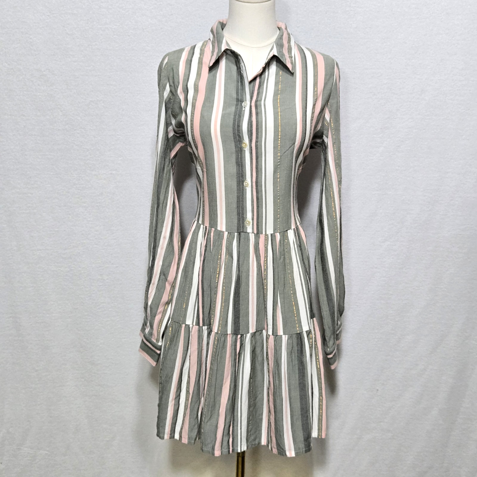 En Creme Women Shirt Sun Dress Ivory Blue Stripe Roll Tab Sleeve Size Small