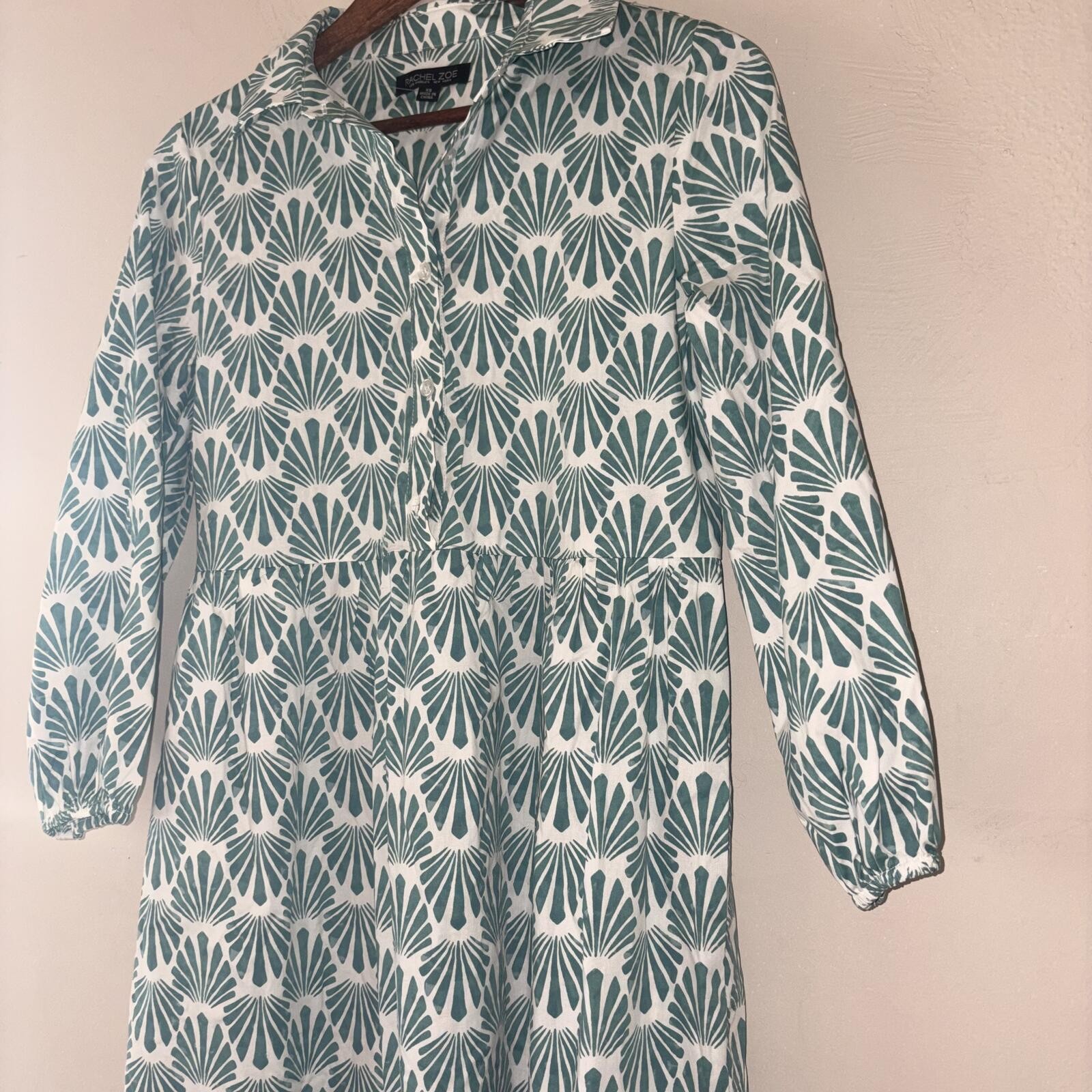Rachel Zoe Green and White Fan Print Tiered Shirt Dress Size XS