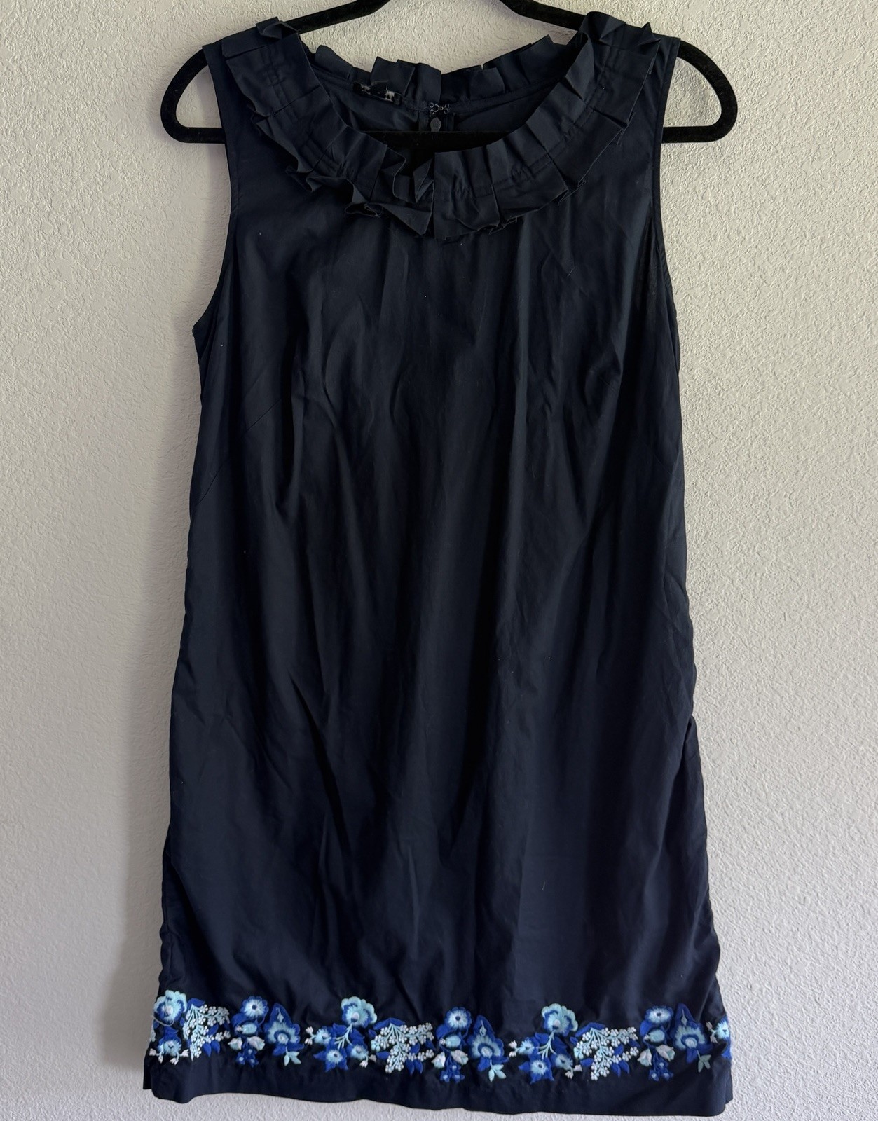 Talbots Embroidered Pleat Neck Shift Dress Size 10P Petites Navy Preppy Classic