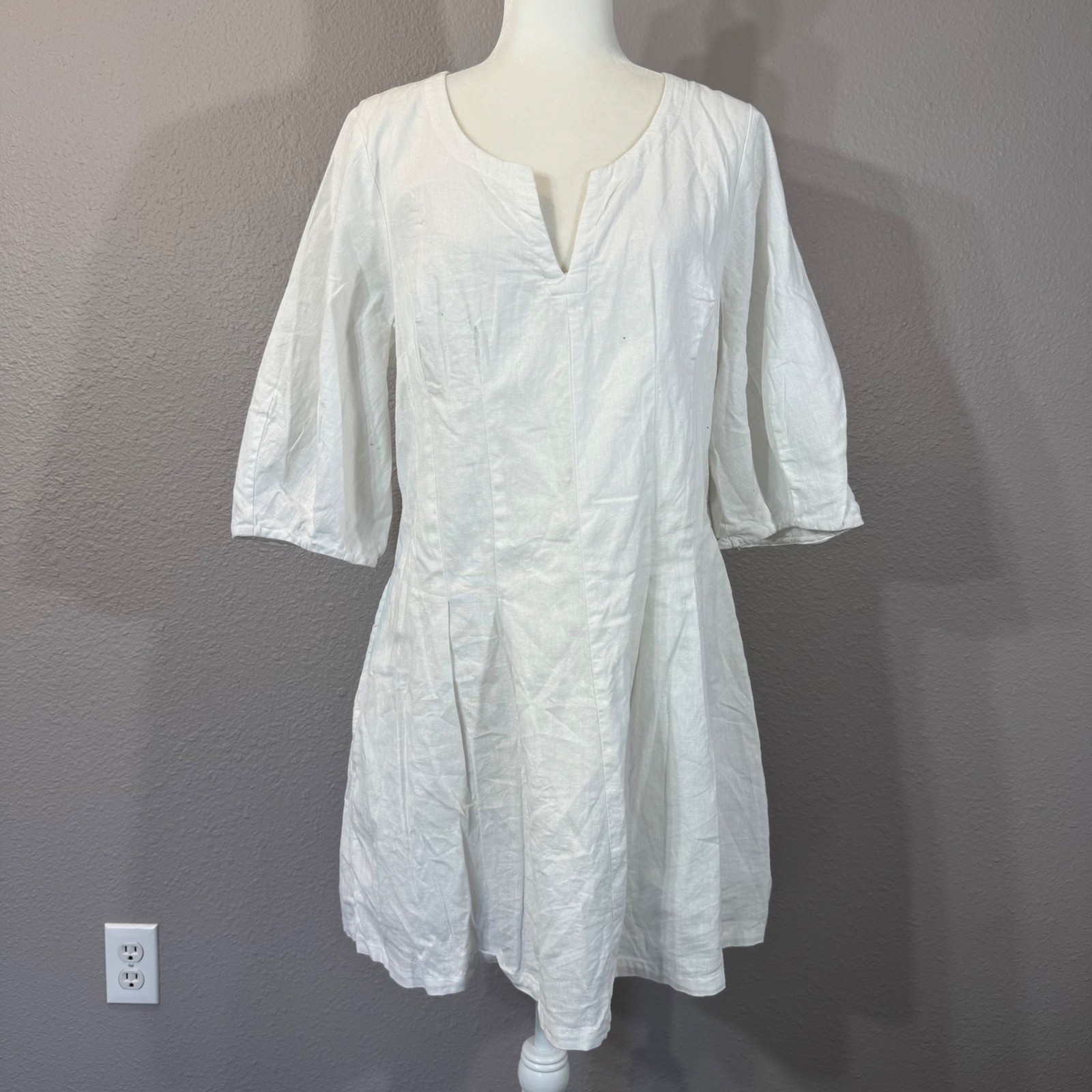 A New Day Women’s Size 10 White Cotton Linen V-Neck Puff Sleeve Dress