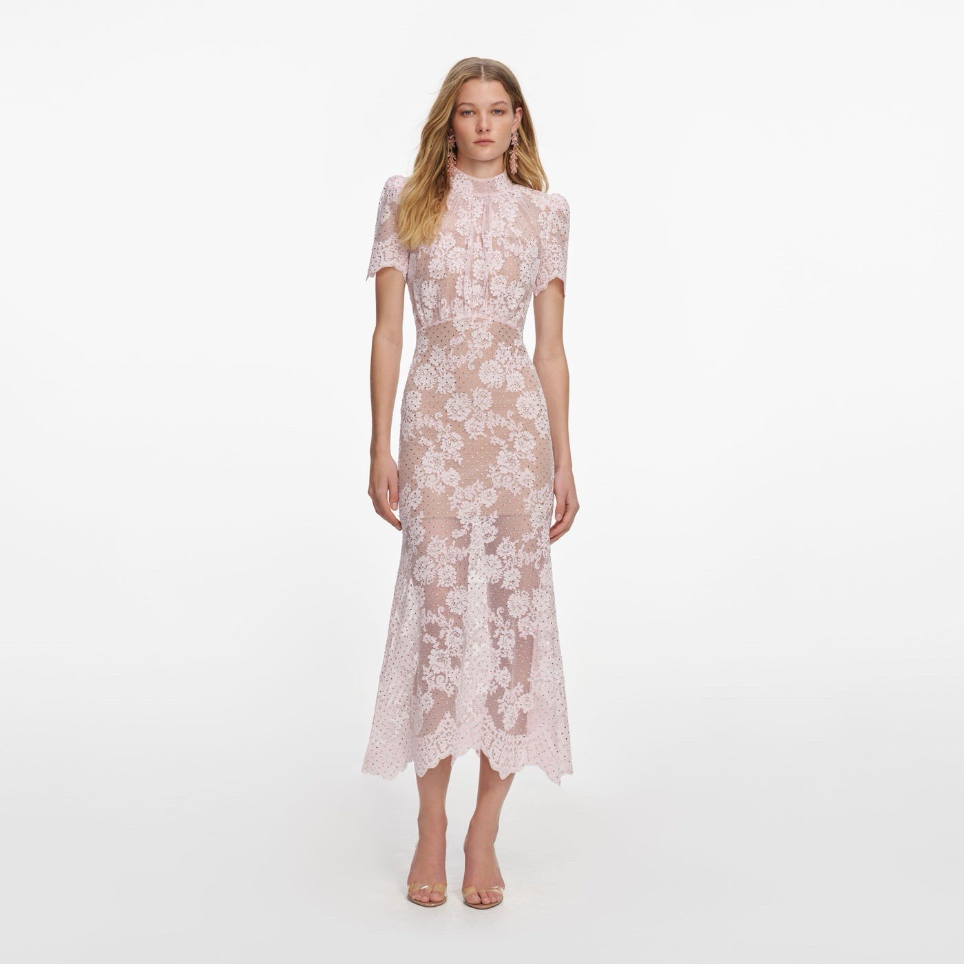 Self portrait PINK RHINESTONE LACE MIDI DRESS