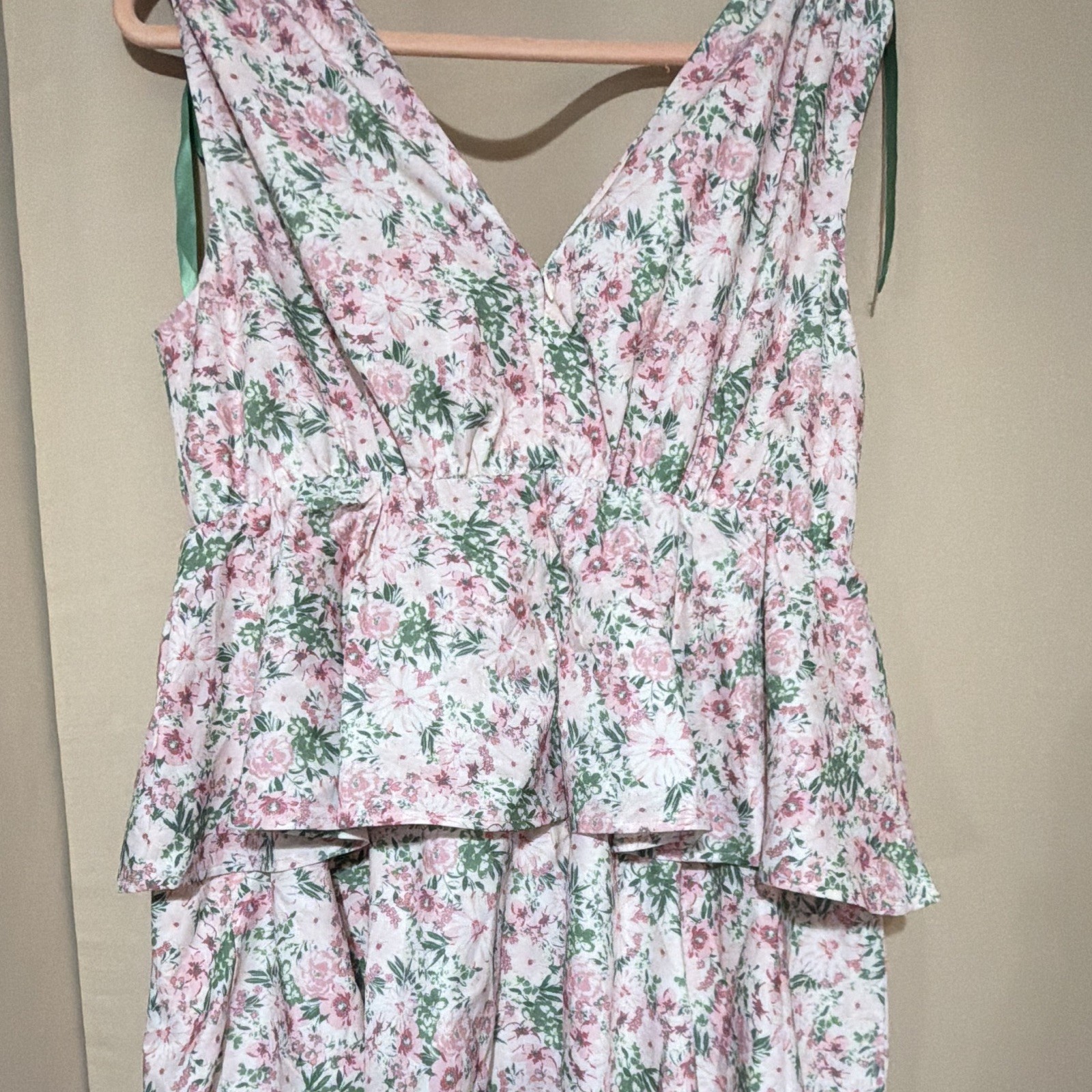 Wenrine Women’s Pink/Green/White Floral V-Neck Sleeveless Maxi Dress XL