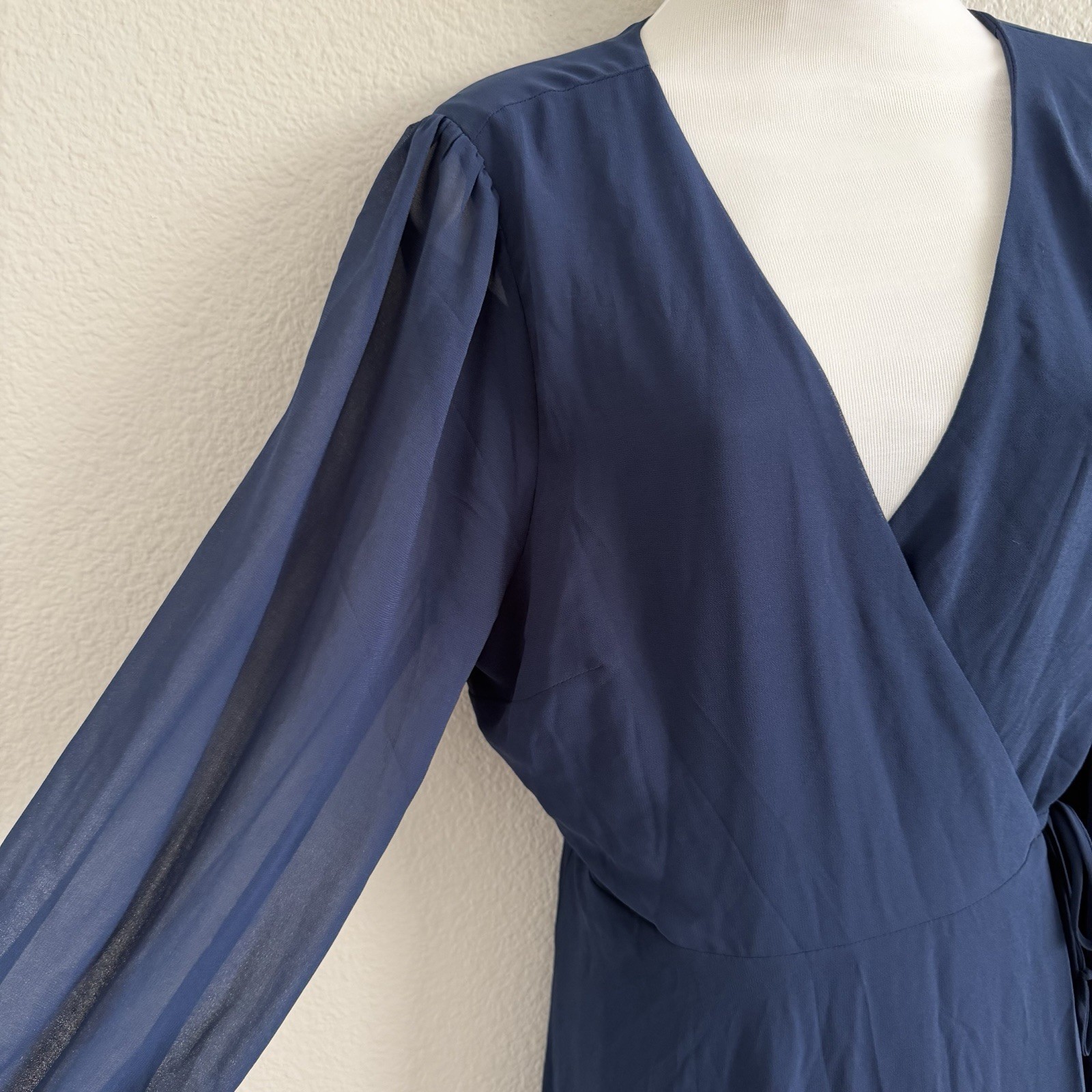 Lulus Navy XL Maxi Wrap Evening Dress Gown NWT Sheer Bishop Sleeves Button Cuff