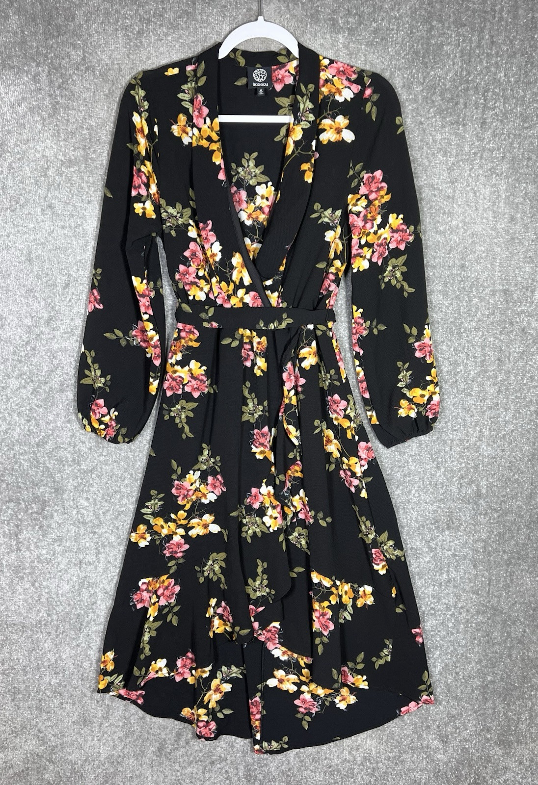 Bobeau Gauze Crinkle Crossover Dress Womens Sz M Black Floral Belt Hi-Low Ruffle