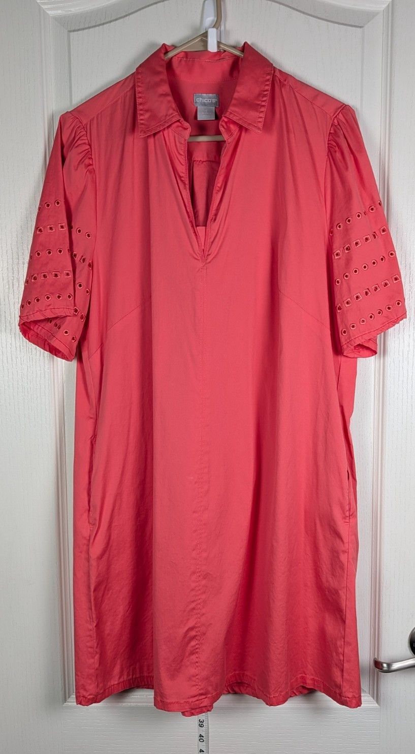 Chicos Coral Pink Collared V-neck Dress Short eyelet sleeves &pockets Sz 2 US 12