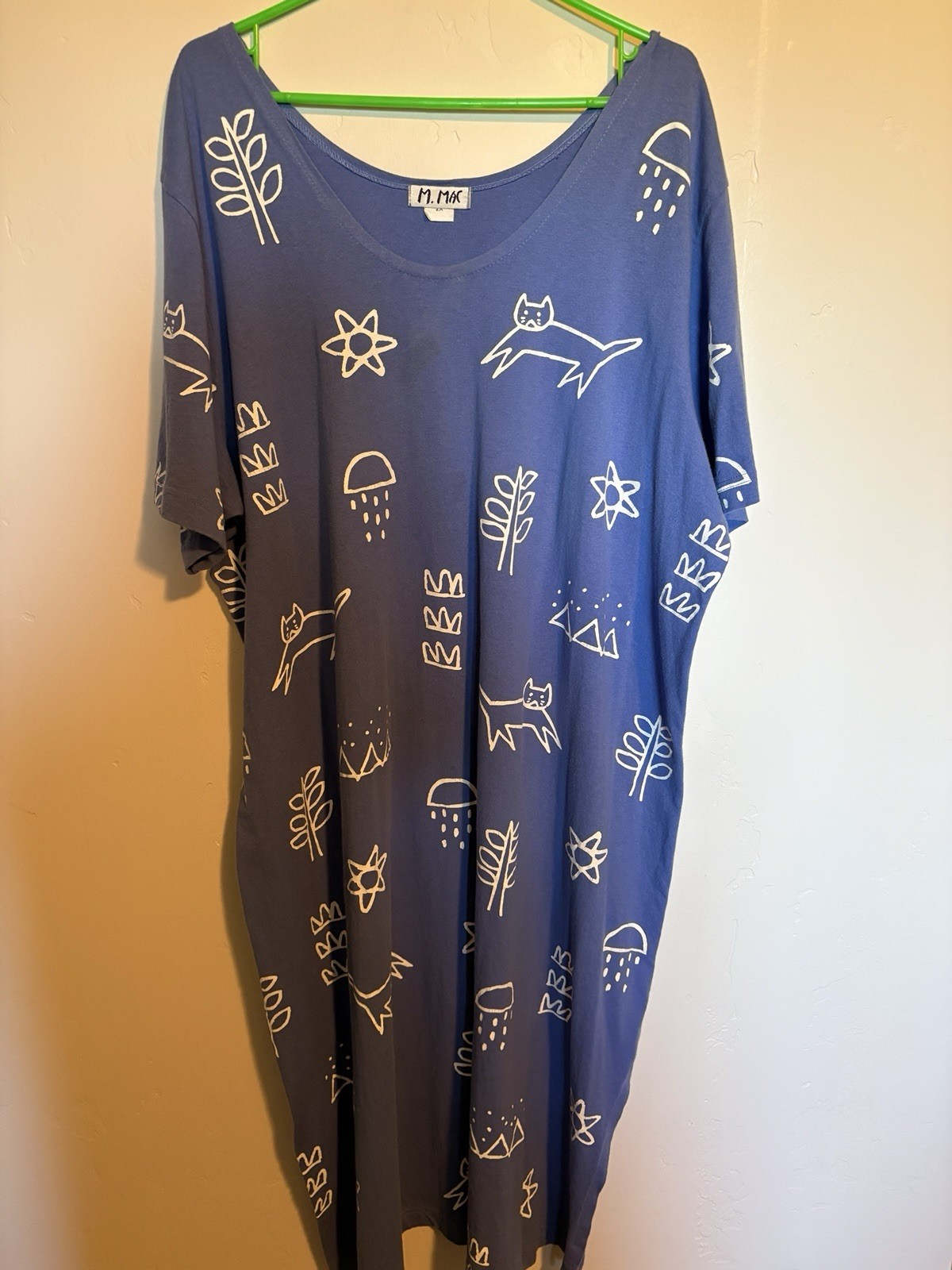 M. Mac Periwinkle Cat Print T-Shirt Dress 2X 100% Cotton Short Sleeve