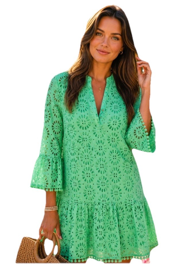 Lilly Pulitzer Green Eyelet Dress – Size Small, Pom Pom Trim, Boho Resort Vibes