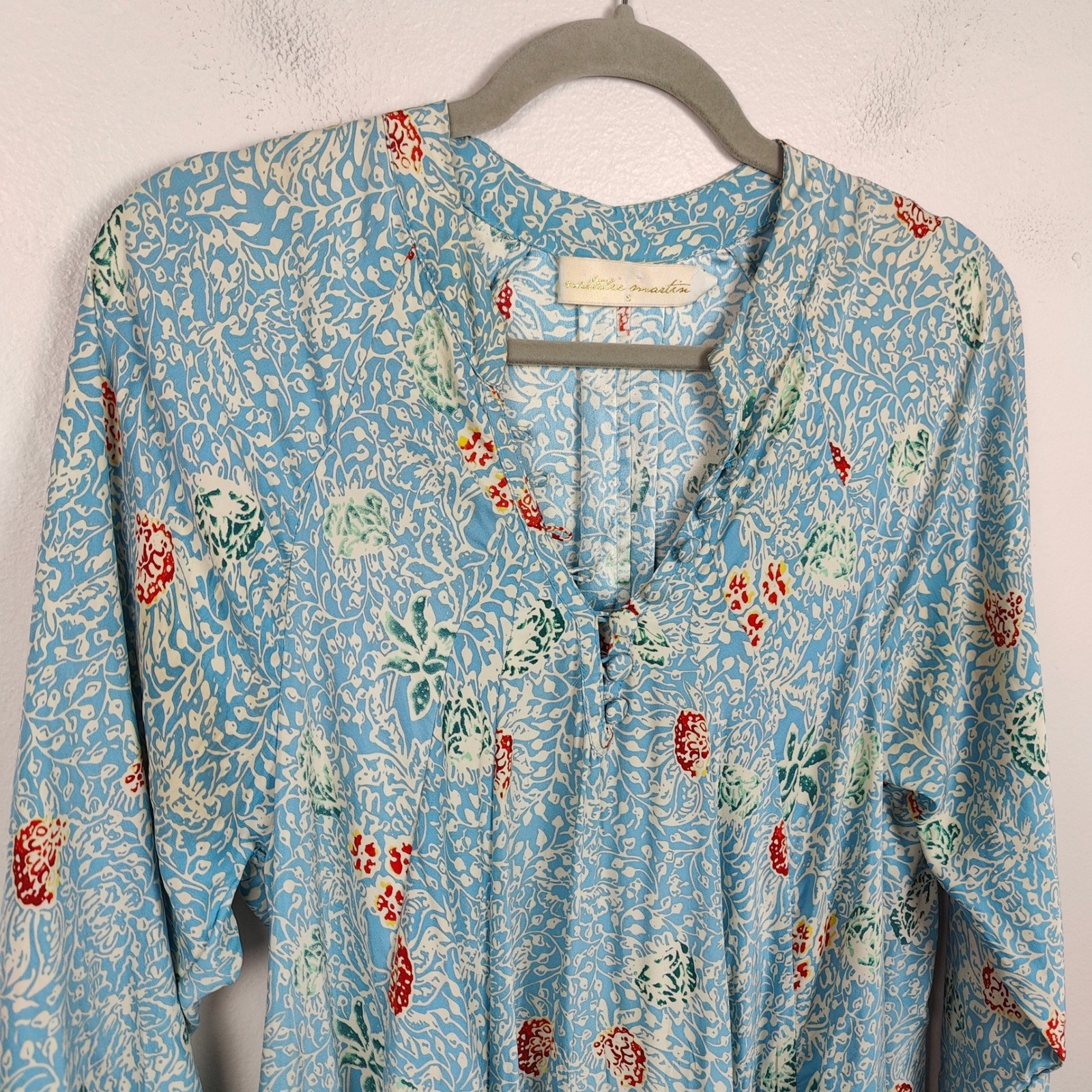Natalie Martin Silk Dress Women Small Blue Floral Print Maxi Bohemian Australia
