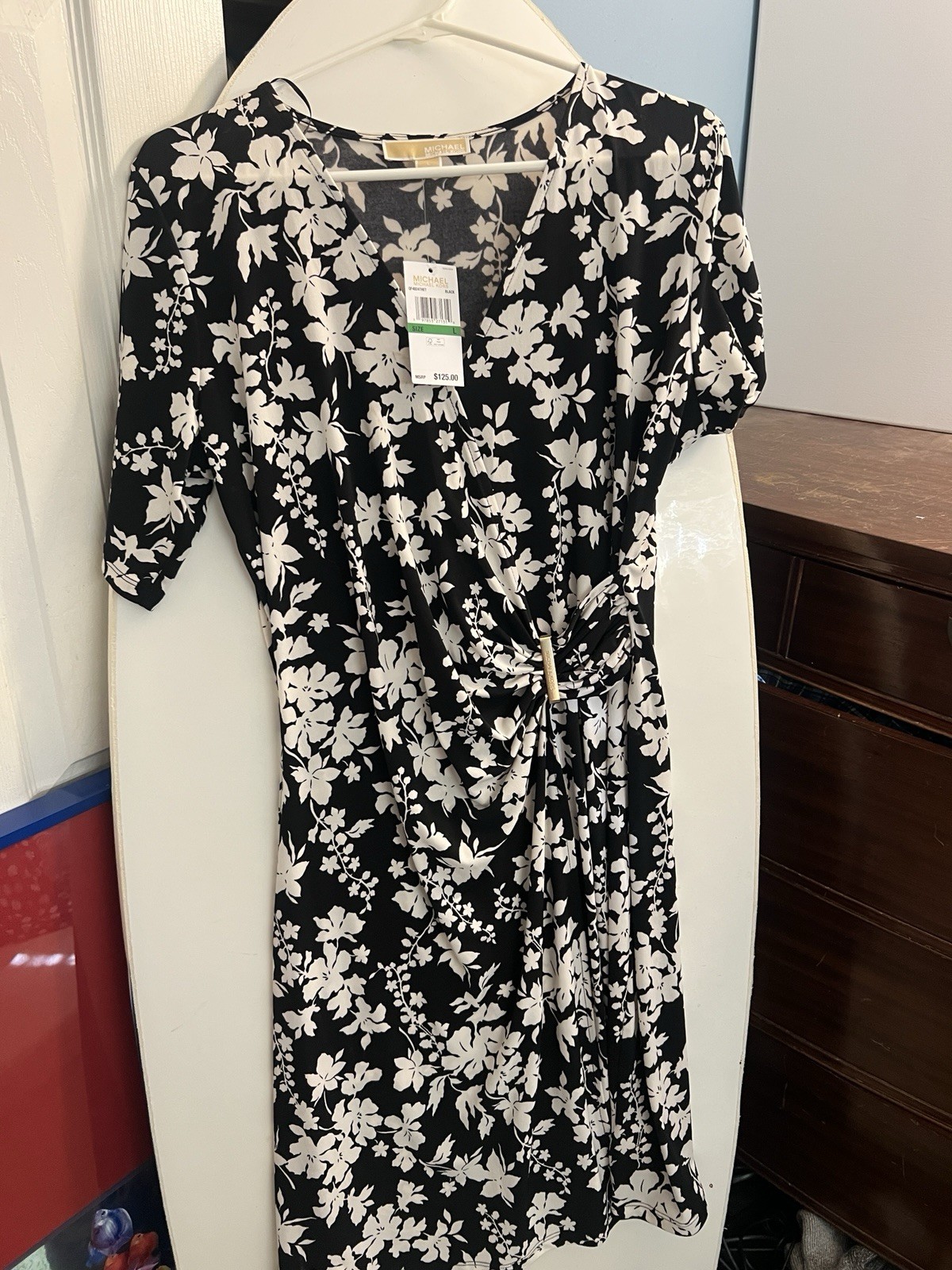 Michael Michael Kors Black/White Floral V-Neck 3/4 Sleeve Fit & Flare L