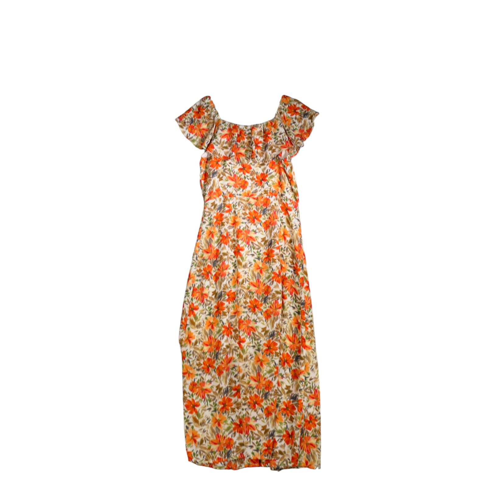 All In Favor Maxi Dress Womens M Orange Green Floral Ruffle Button Front Boho