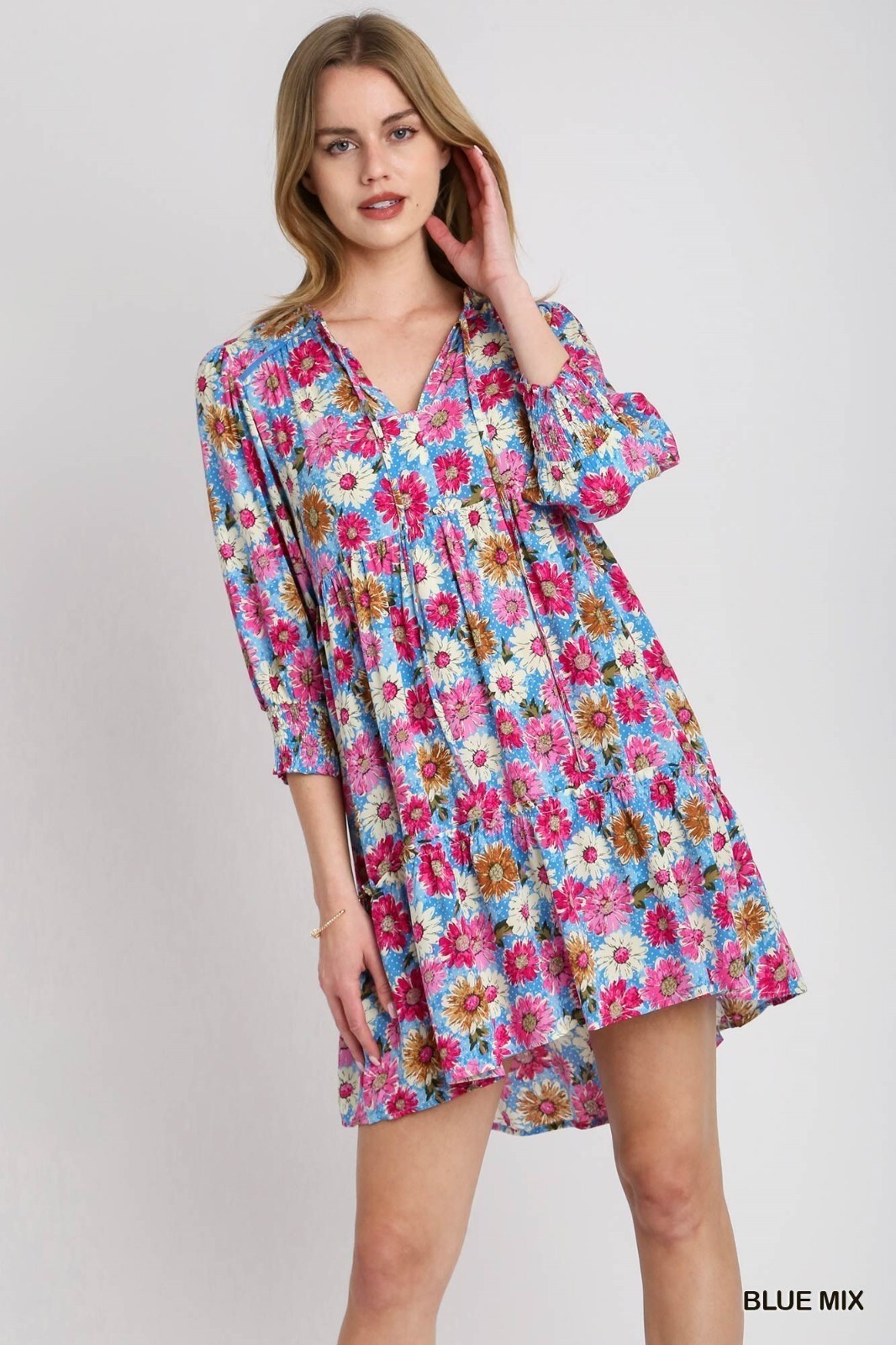 Umgee Blue Multi Flower Print Ruffle Tiered Dress V-Neck Ruffle Front Tie Front