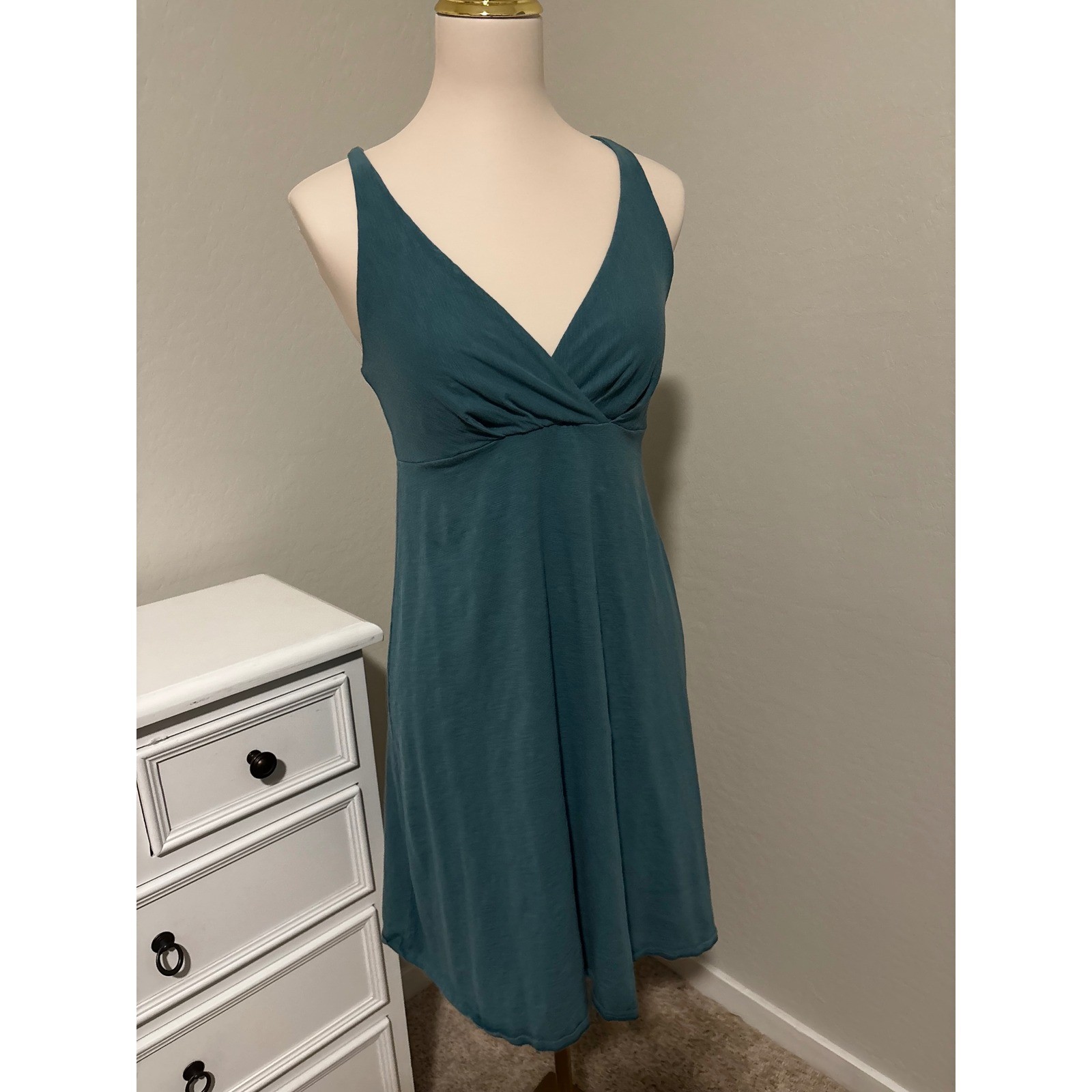 Womens Teal Twisted Bust V-Neck Mini Dress Criss Cross Keyhole Back Small/Medium