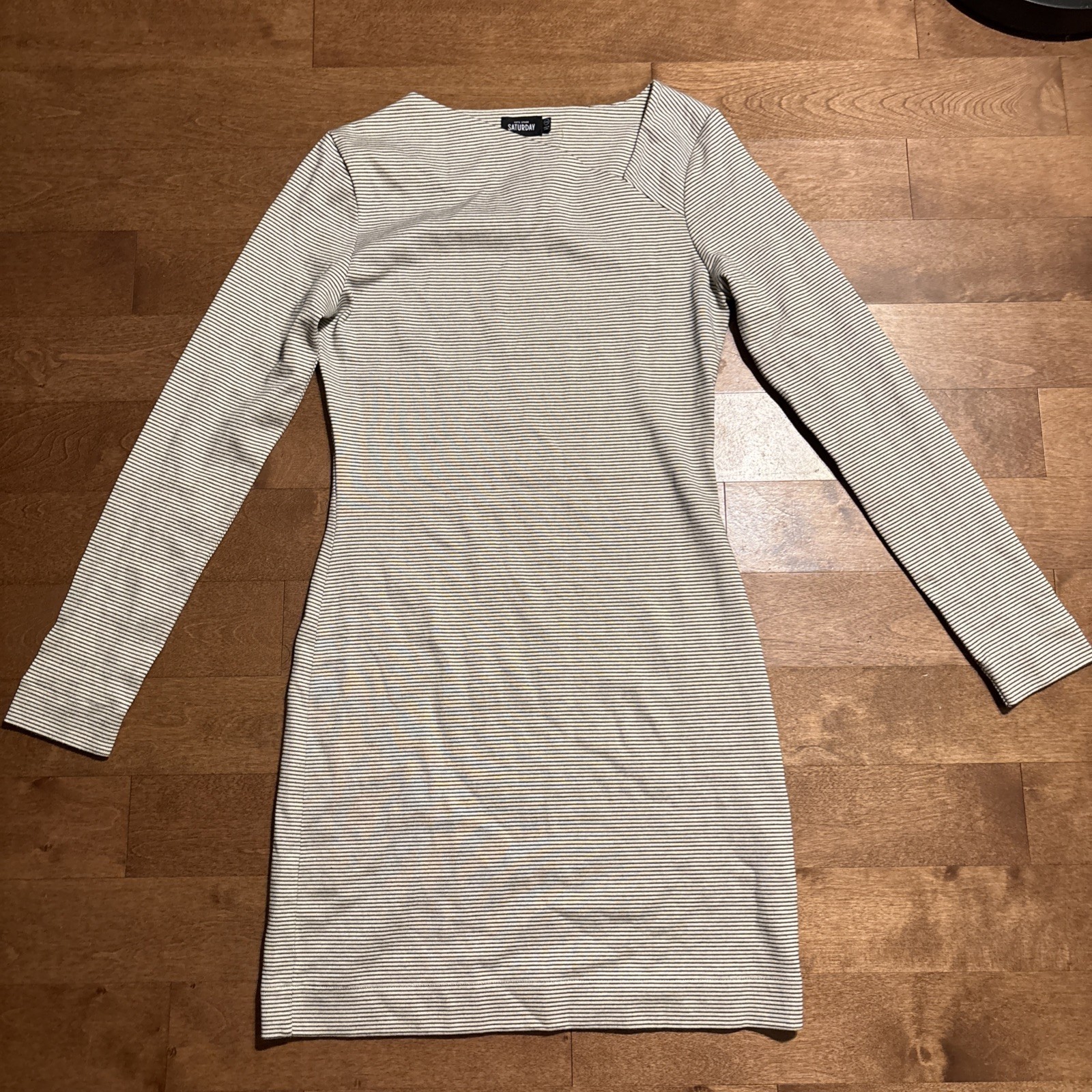 Kate Spade Saturday Dress Women XS Ivory Gray Striped Long Sleeve Slant Neckline