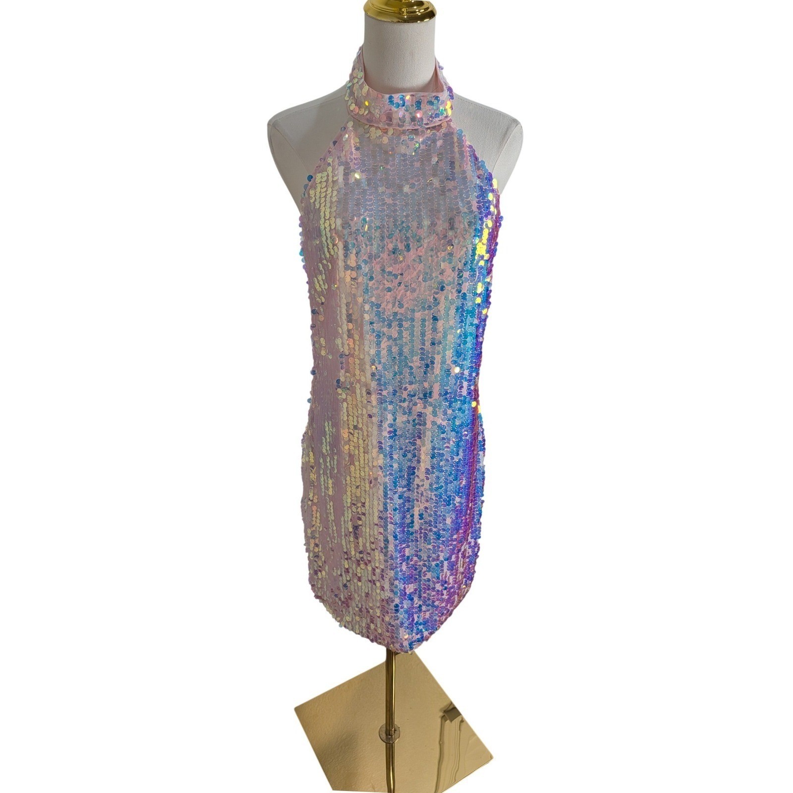 Altar’d State Opal Sequin Mini Dress L Halter High Neck Iridescent Mermaid Party