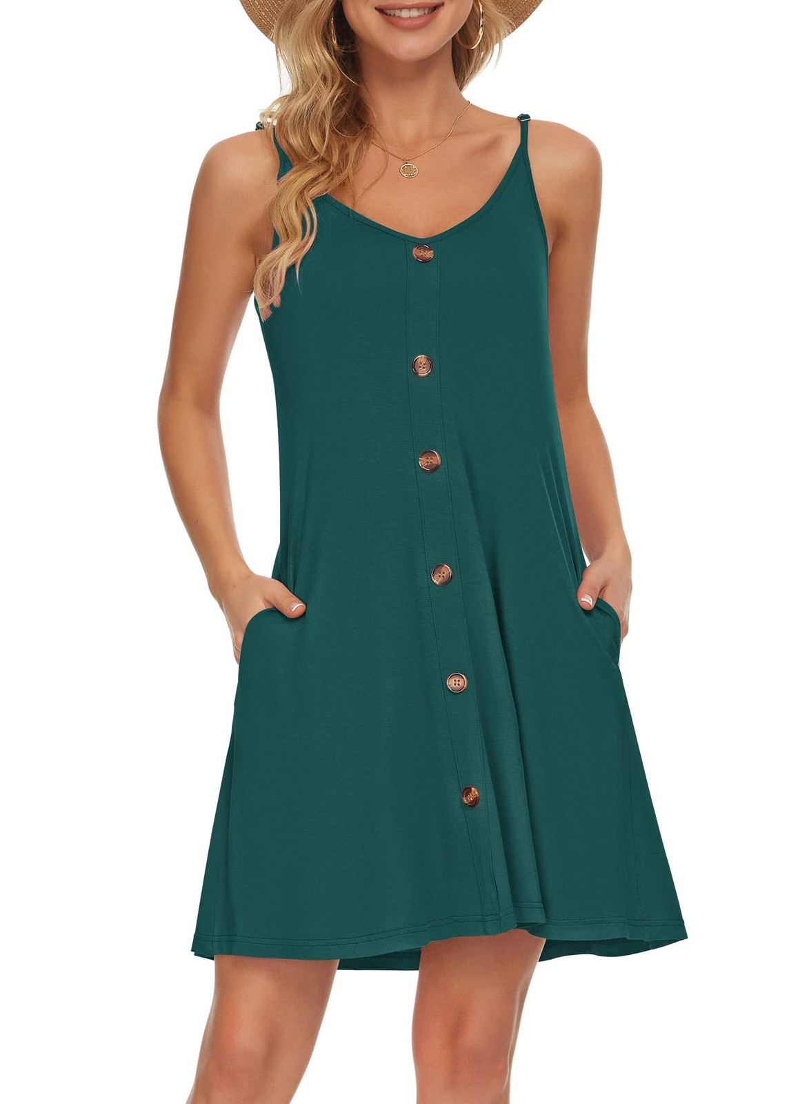 Women’s Summer Spaghetti Strap Button Down V Neck (M Dark Green)