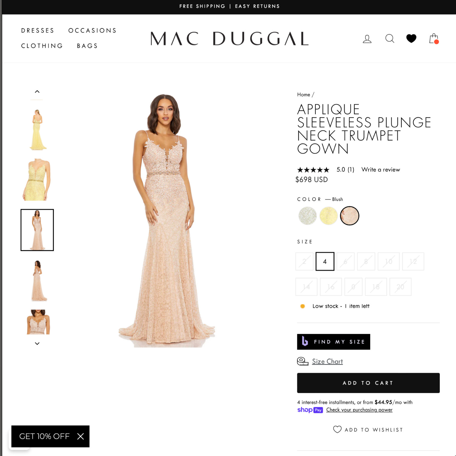 NWT Mac Duggal [ 0 ] 79341 Applique Plunge Neck Trumpet Gown in Blush Pink J1644