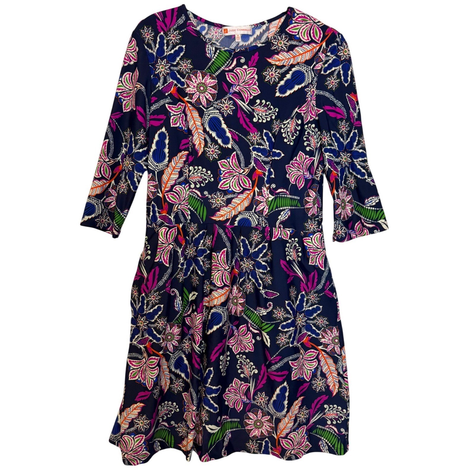 Jude Connally Brynn Fit and Flare Navy Blue Floral Print Dress Size Medium