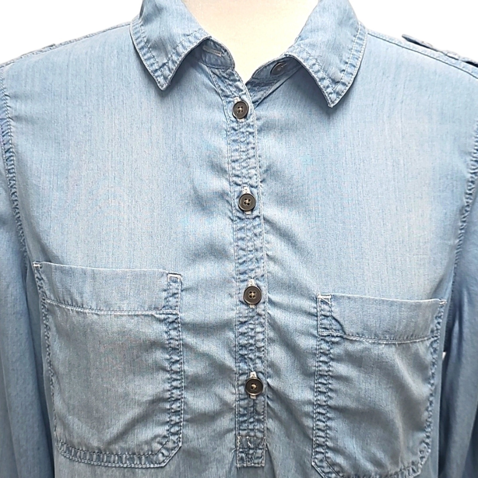 So Womens Long Sleeve 3/4 Button Lyocell Light Blue Denim Tunic Shirt Dress Sz M