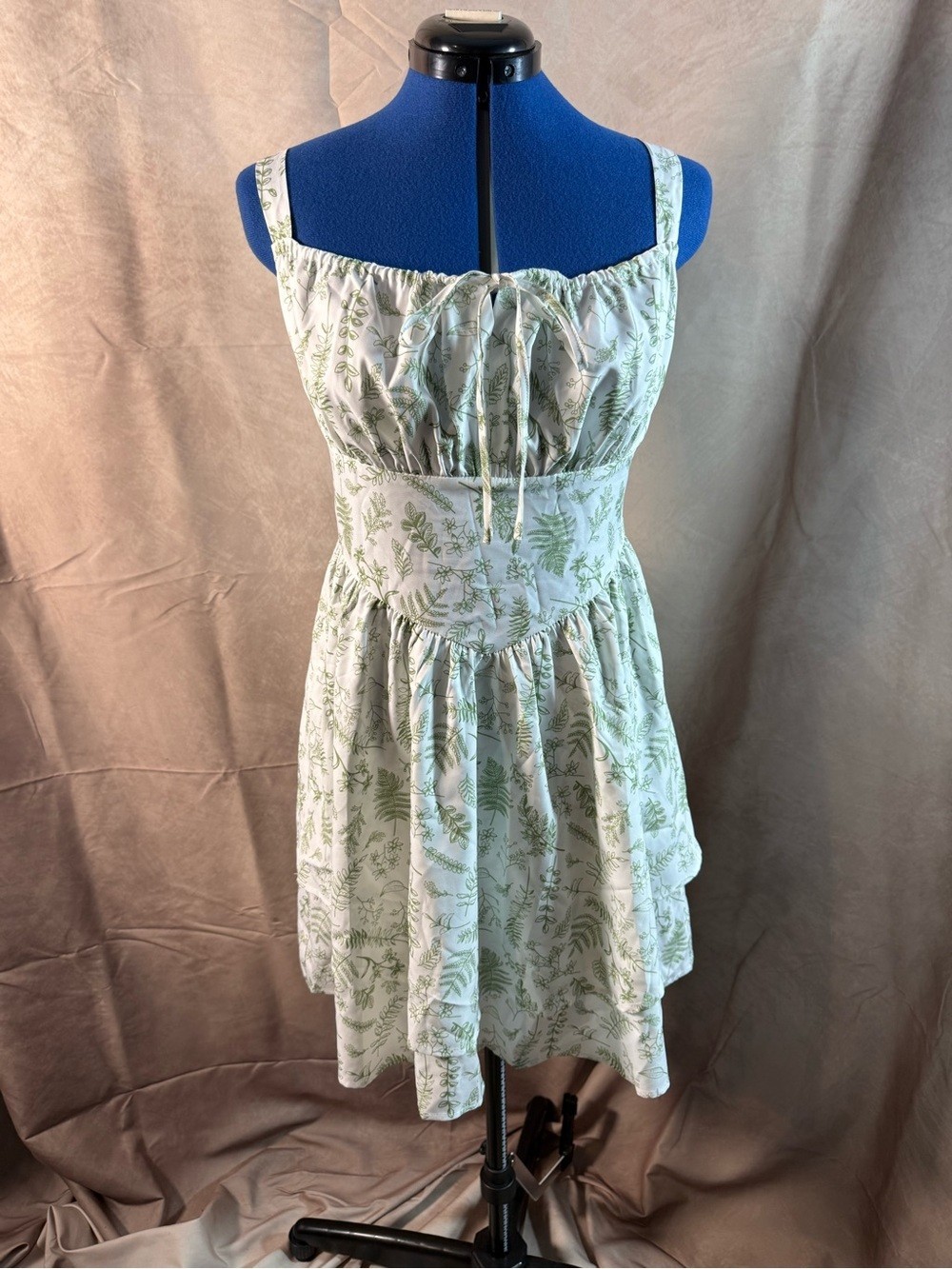 18-White Mini Dress with Green Botanical Print and Square Neck