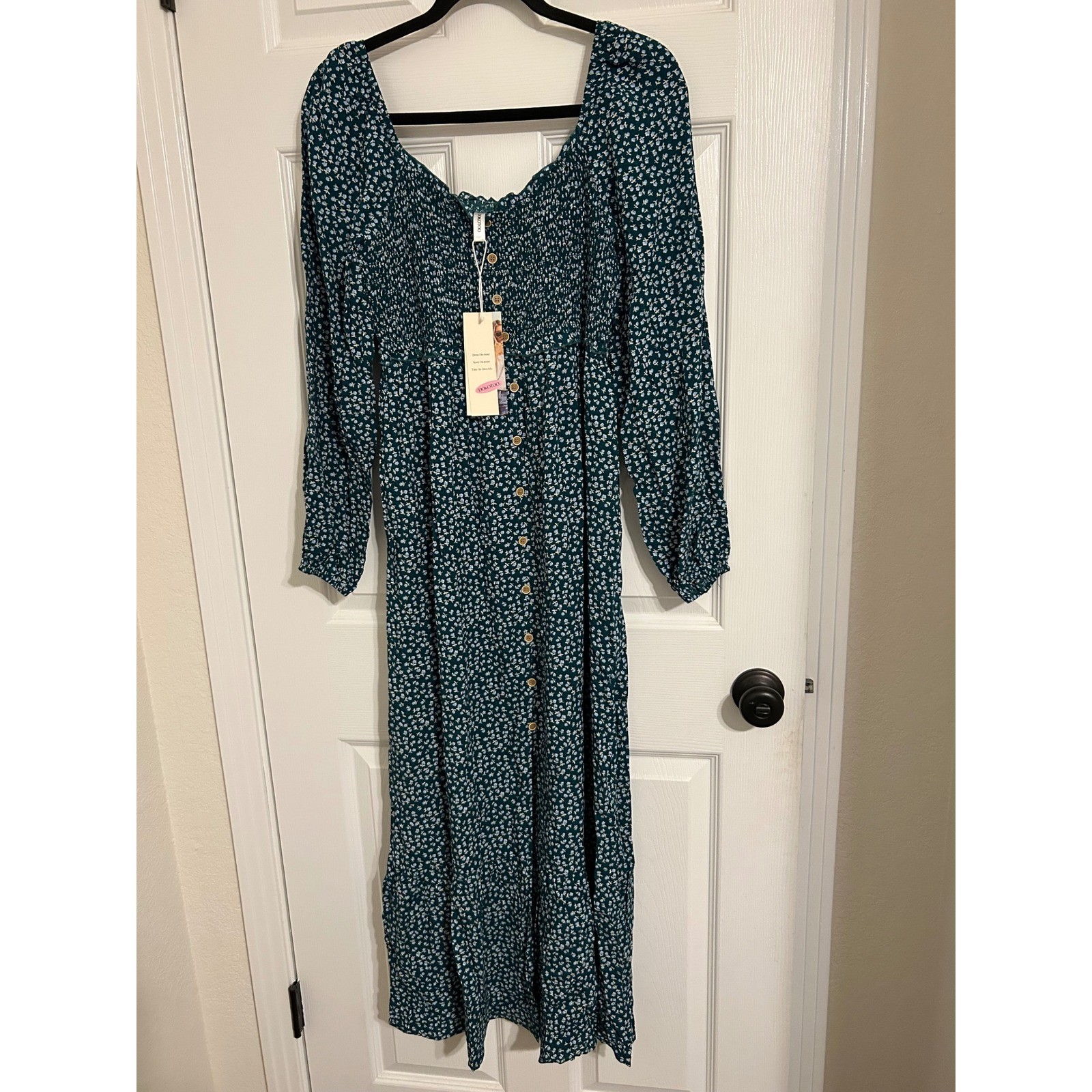Dokotoo Floral Smocked Maxi Dress Teal Green Ditsy Print Long Sleeve Boho NEW