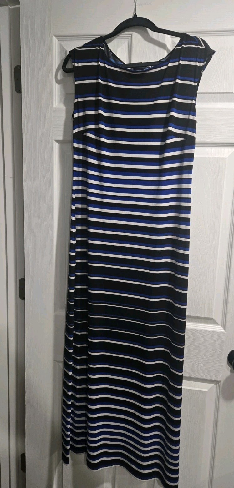 Liz Claiborne Women’s Blue White Black Striped Sleeveless Maxi Dress M Stretch