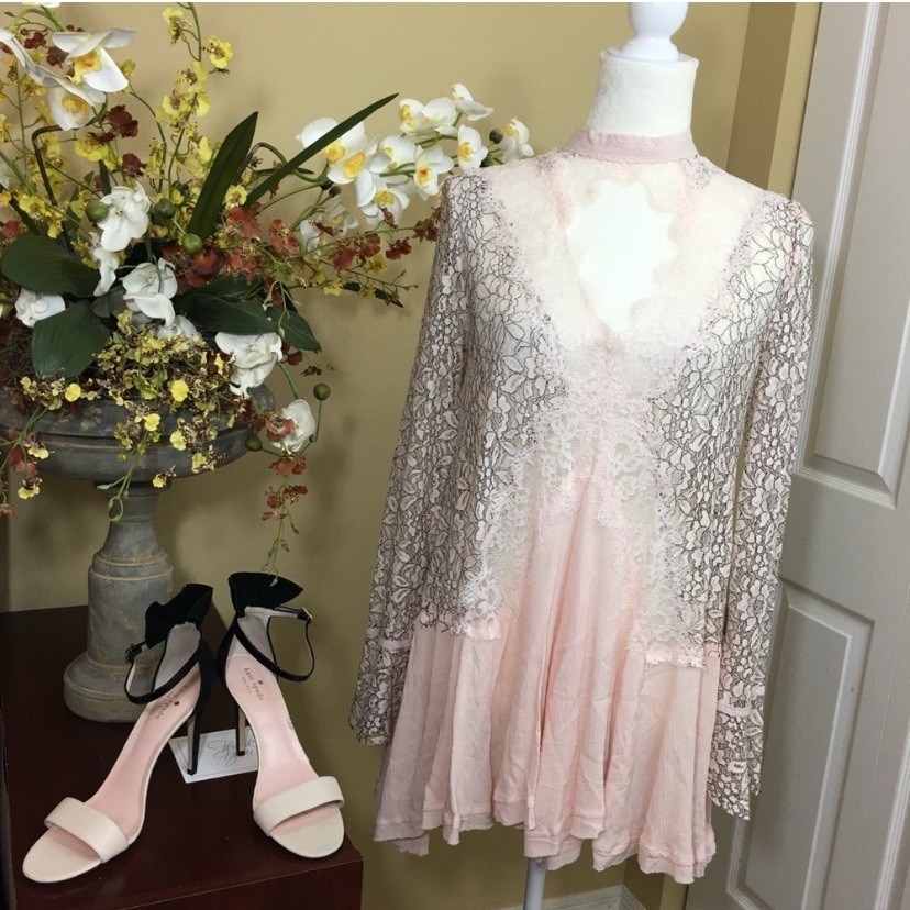 Free People Tell Tale Lace Secret Origins Swing Long Sleeve Tunic Dress Sz S