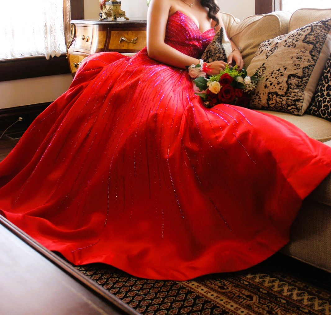 Sherri Hill 55115 – Strapless mikado ball gown with hot fix and high slit skirt