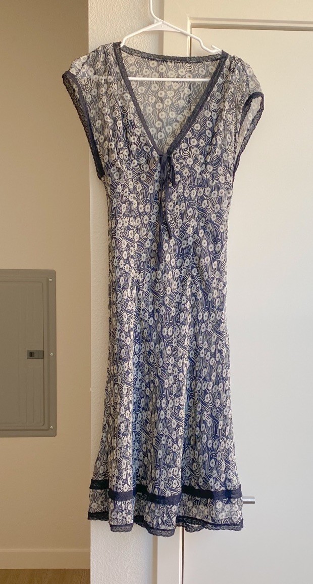 Vtg 2000s Banana Republic Blue Silk Floral Midi Sheer Dress Size 8 date night