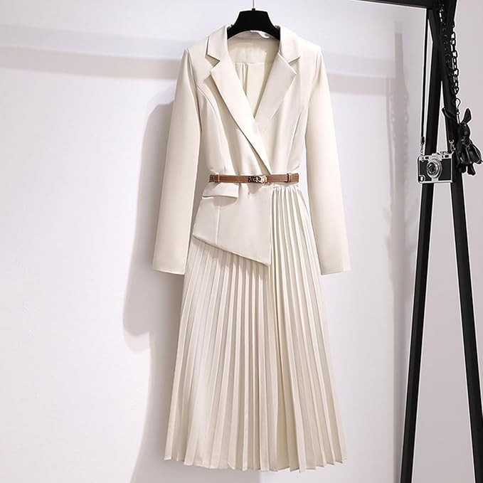 Women’s Elegant V Neck Long Dress Long Sleeve Lapel Pleated Casual Blazer Dress