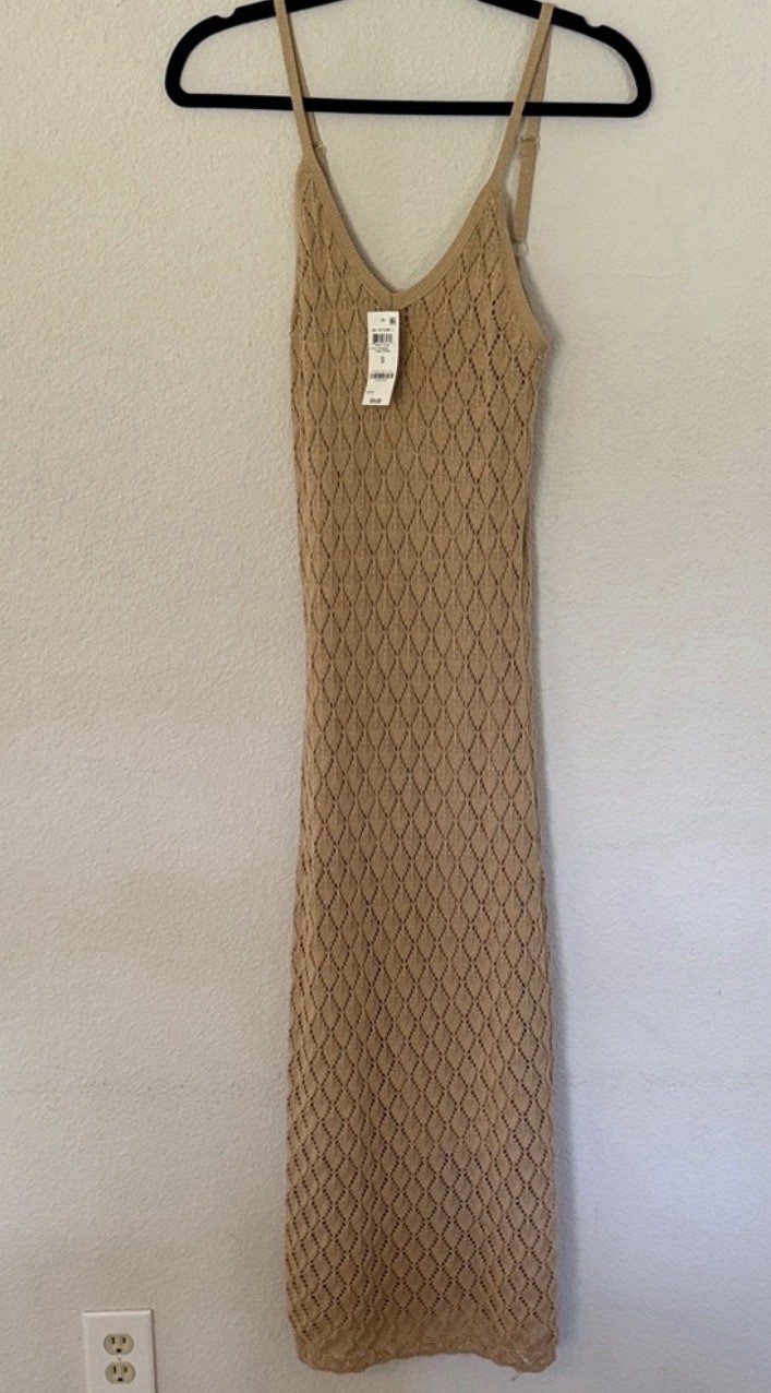 AND NOW THIS Camel Brown Knit Maxi Dress V-Neck Strap Sleeveless S