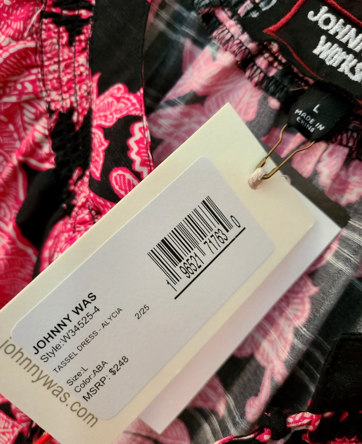 $248 JOHNNY WAS SZ L ALYCIA BEADED TASSEL DRESS LEAF PRINT w/ SLIP B:43″ L:39″
