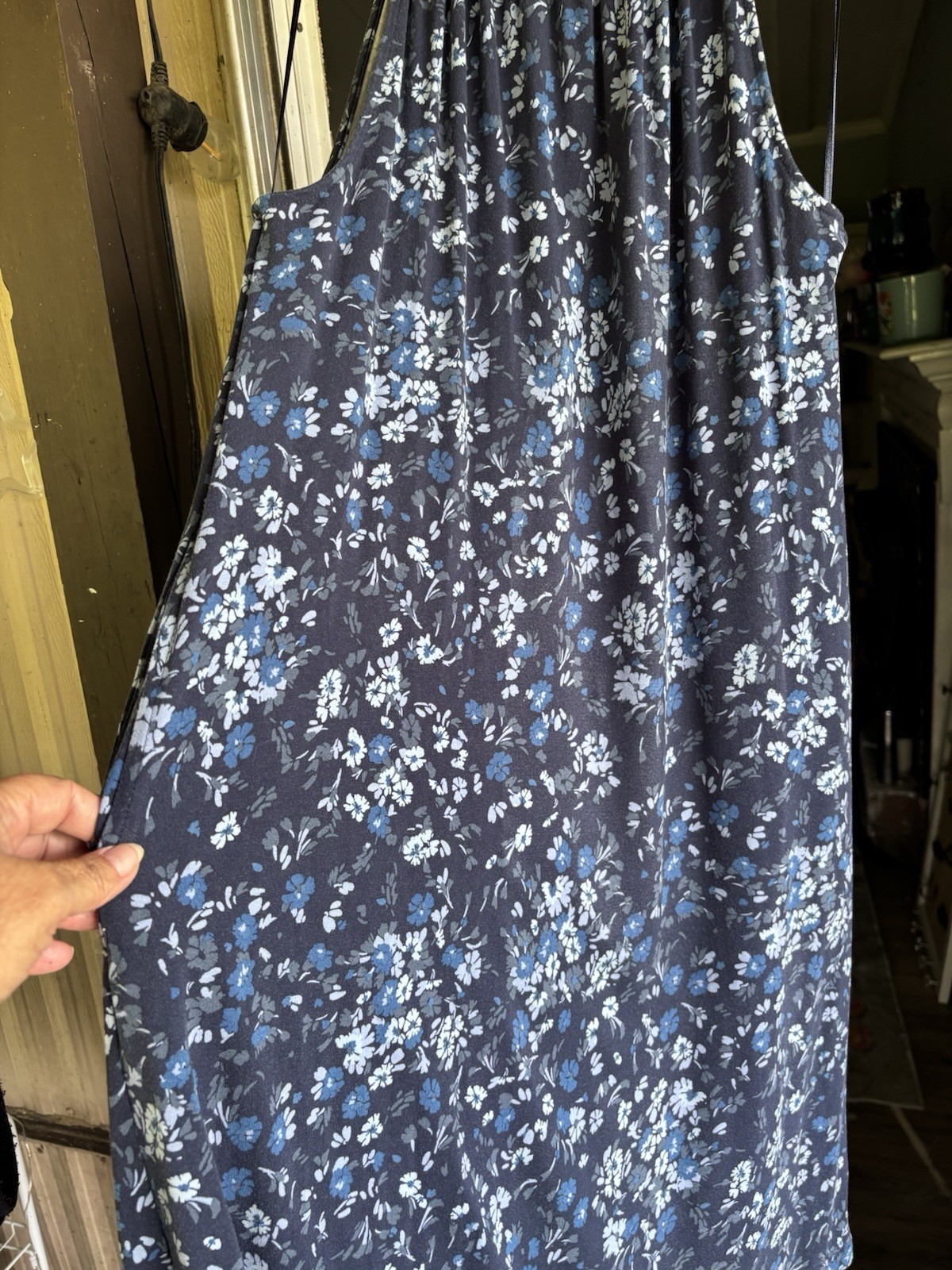 Women’s Navy Blue White Floral Halter Sundress M Knee Length Cotton Blend Tie