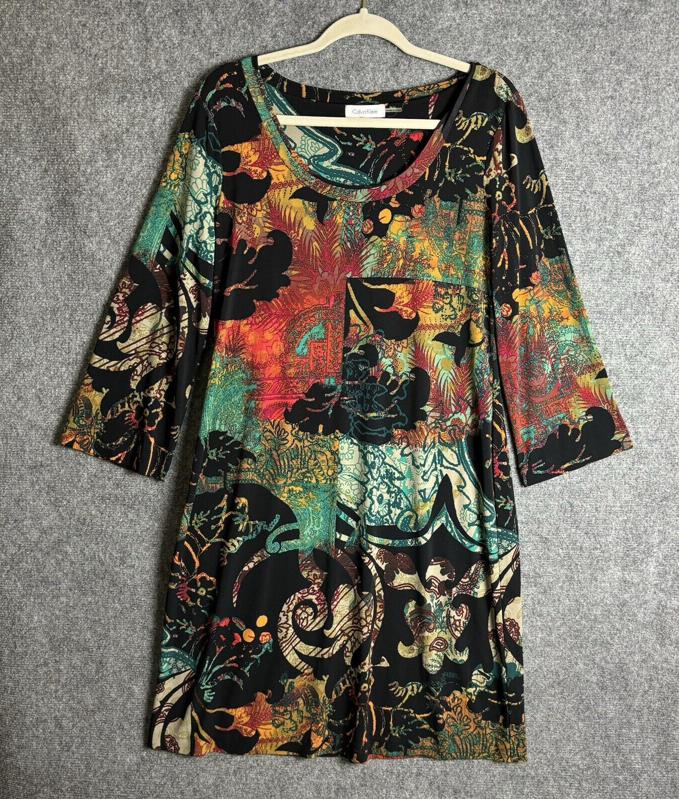 Calvin Klein Dress Women’s Medium Black Red Green Floral Paisley Shift Stretch