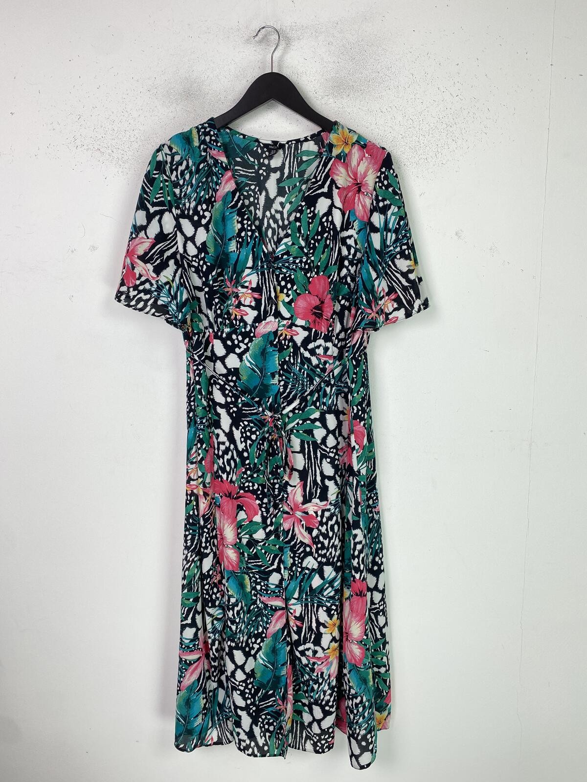 M&Co Black Green Red Floral Midi Shirt Dress Short Sleeve Button Up V-Neck UK 20
