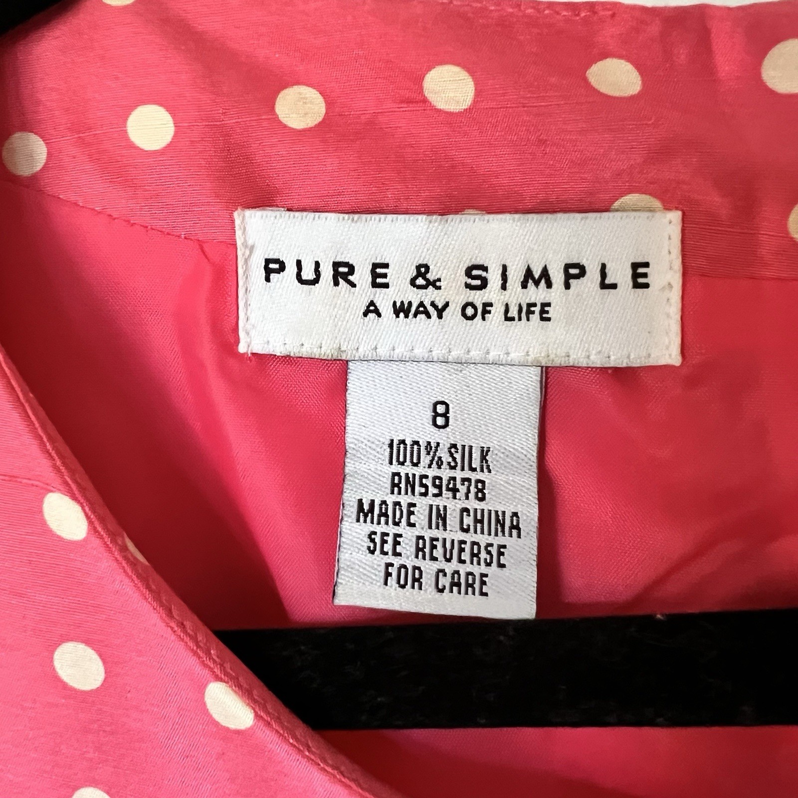 Pure & Simple 100% Silk Pink White Polka Dot Ruffle Hem Short Sleeve Dress Sz 8