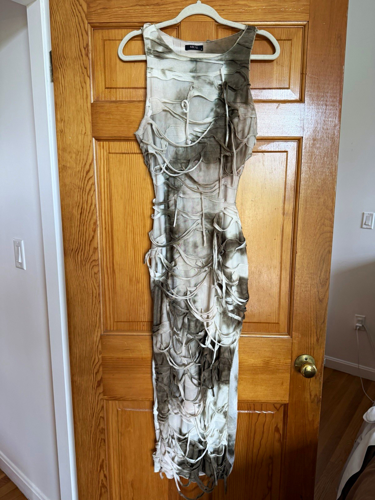 MICAS Brown/Beige Tie Dye Mesh Fringe Bodycon Maxi Dress Round Neck XL