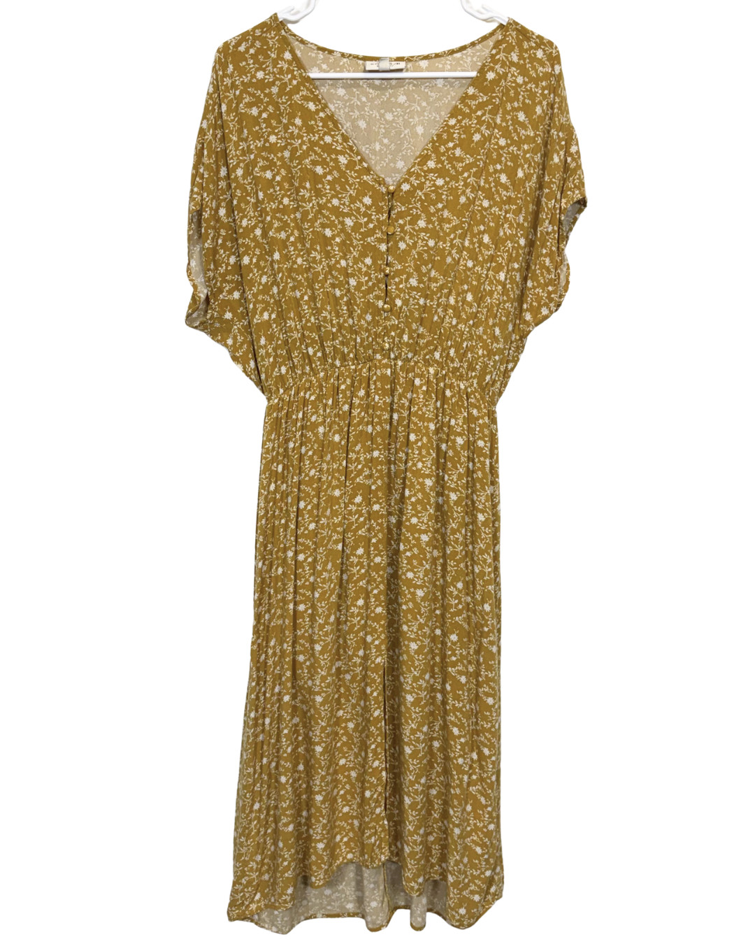 Studio B By Bobeau Dress Womens Large Mustard Yellow Floral Midi Boho Peasant