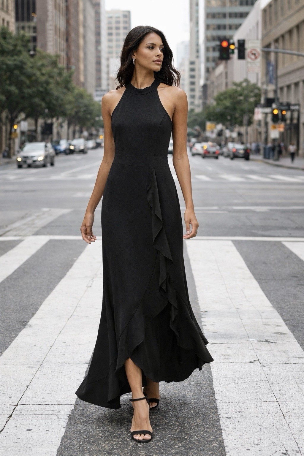 WOOSEA Women Black High Neck Mermaid Ruffle Split Bodycon Evening Dress Large