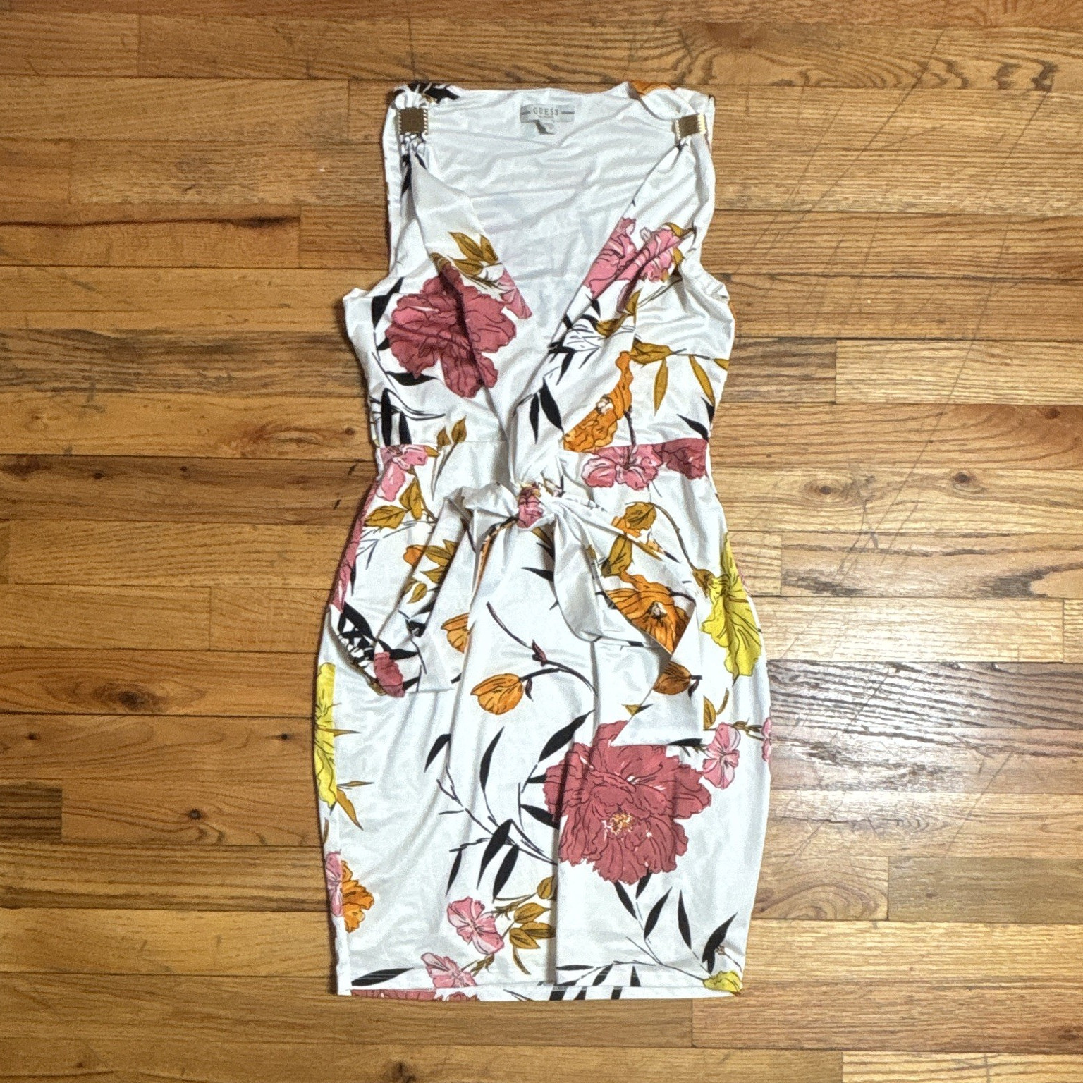 GUESS Women’s White Floral V-Neck Strappy Sleeveless Bodycon Dress S Tie – 0008