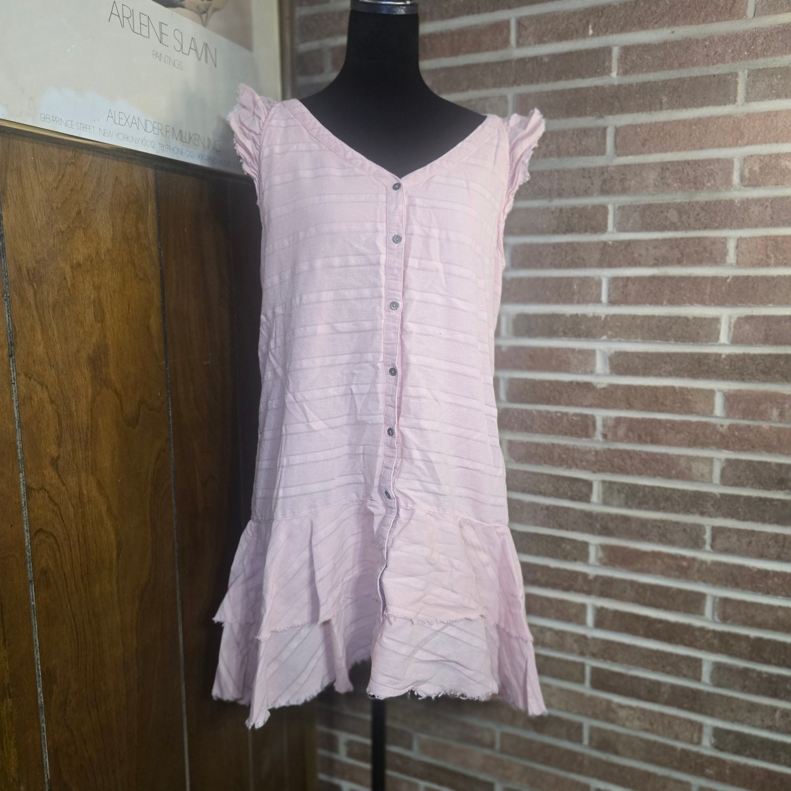 True Craft Pink Button Front Ruffle Tiered Mini Dress V-Neck Sleeveless