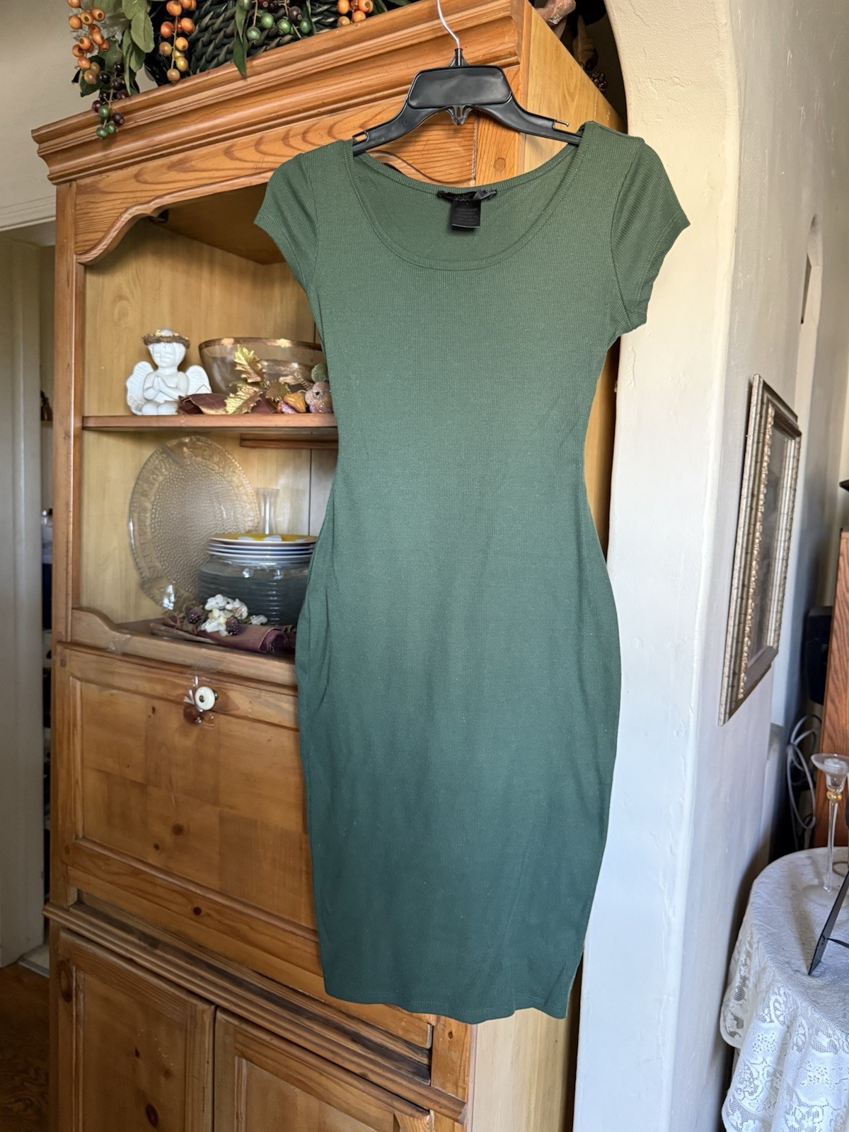Women’s Green Solid Knit Scoop Neck Cap Sleeve Pullover Knee Dress M