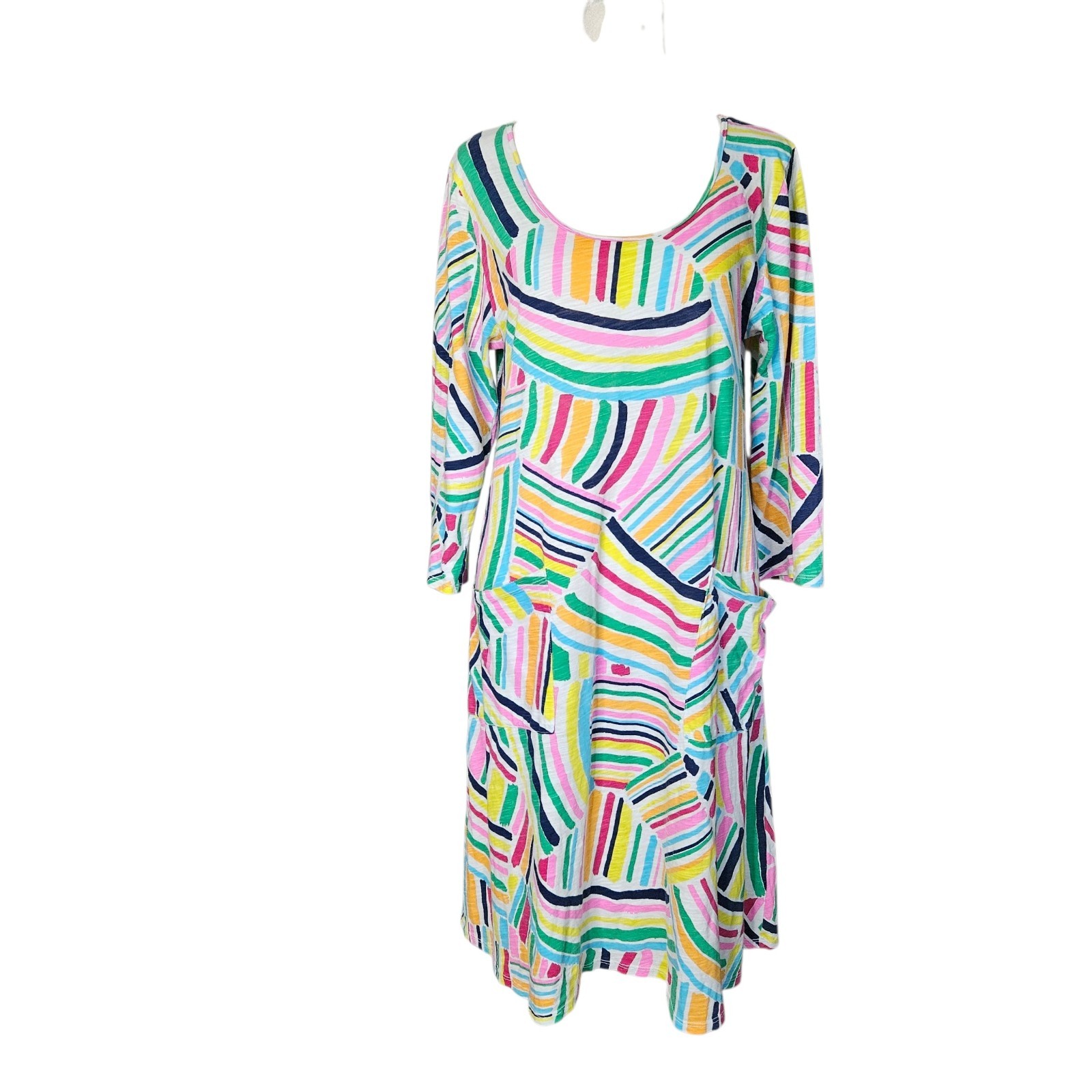 Fresh Produce Colorful Cotton Dress Women’s M 3/4 Sleeve Pockets Beachy Coastal
