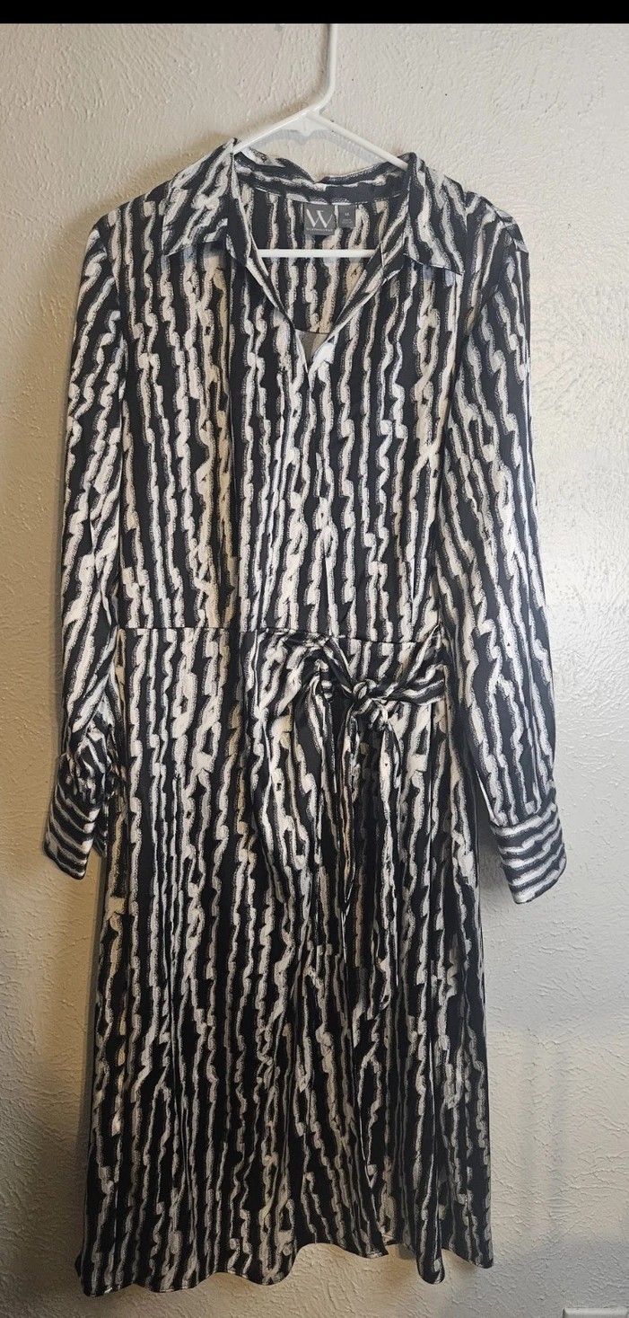 Worthington Abstract size XL Dress Black White Tie Waist Collared Long Sleeve
