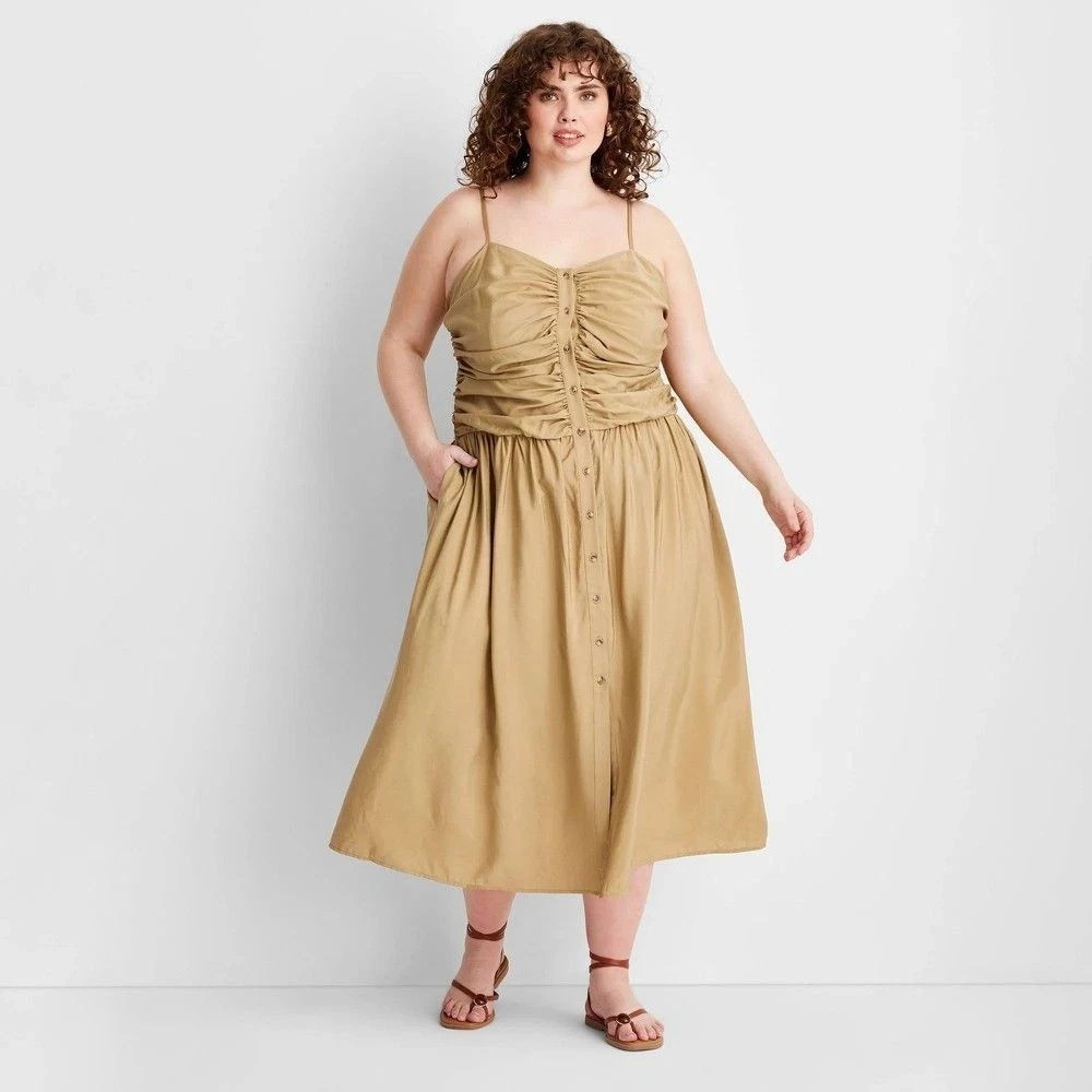 Future Collective Women’s Ruched Midi Tank Dress Khaki Size 3X NWT