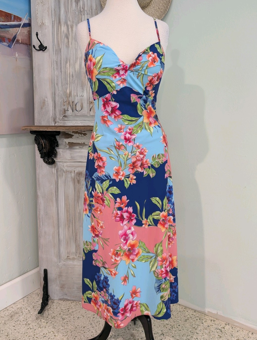 GUESS Floral Midi Dress Size 4 Blue/Pink V-Neck Adjustable Straps
