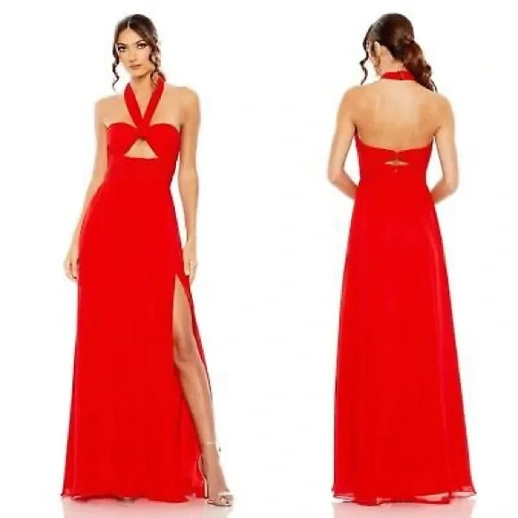 Mac Duggal Red Ruched Halter Strap Keyhole Chiffon Gown Size 8 $498