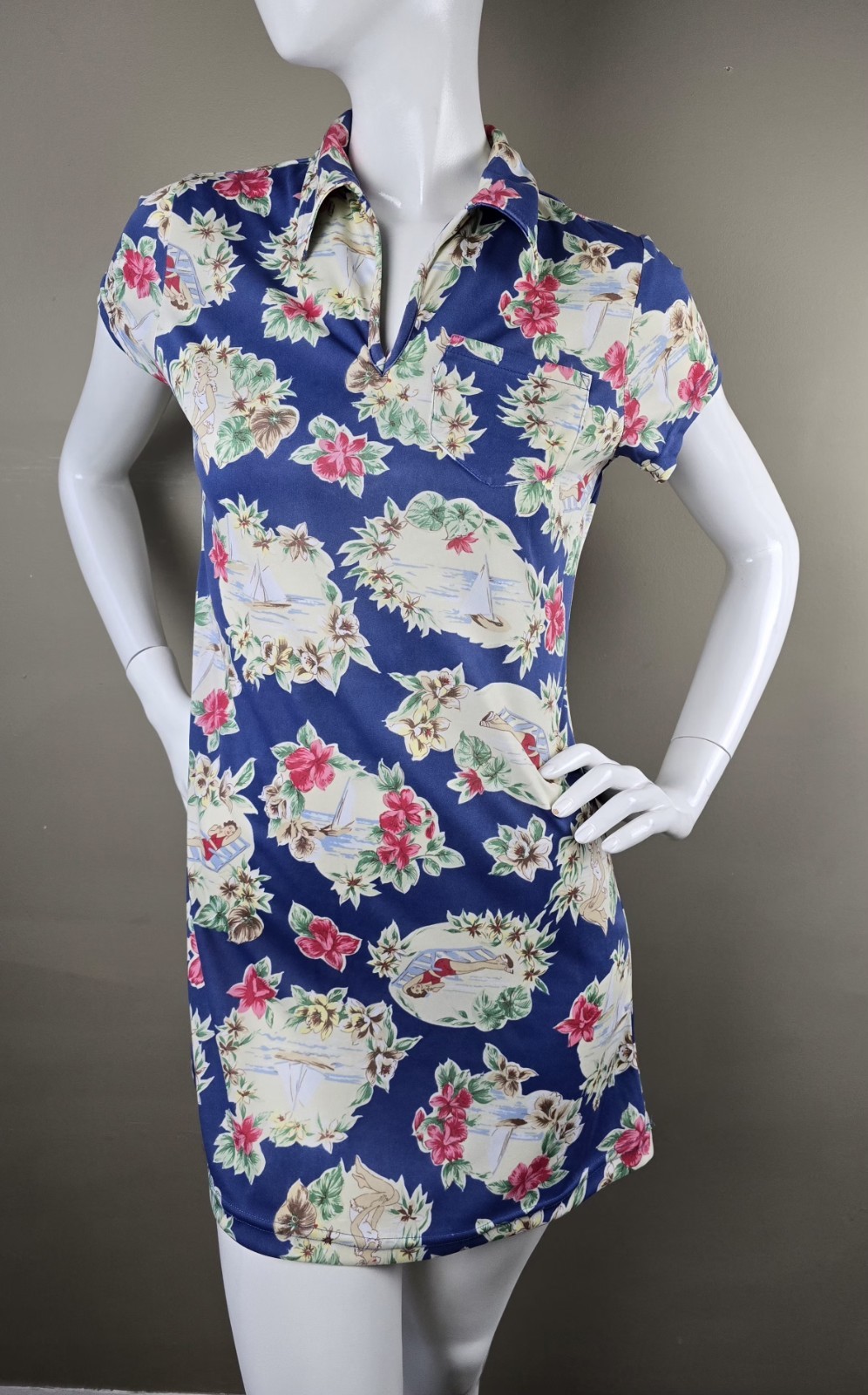 90’s Street Flower Retro Tropical Dress Collared, V-neck, Pocket Medium Poly…