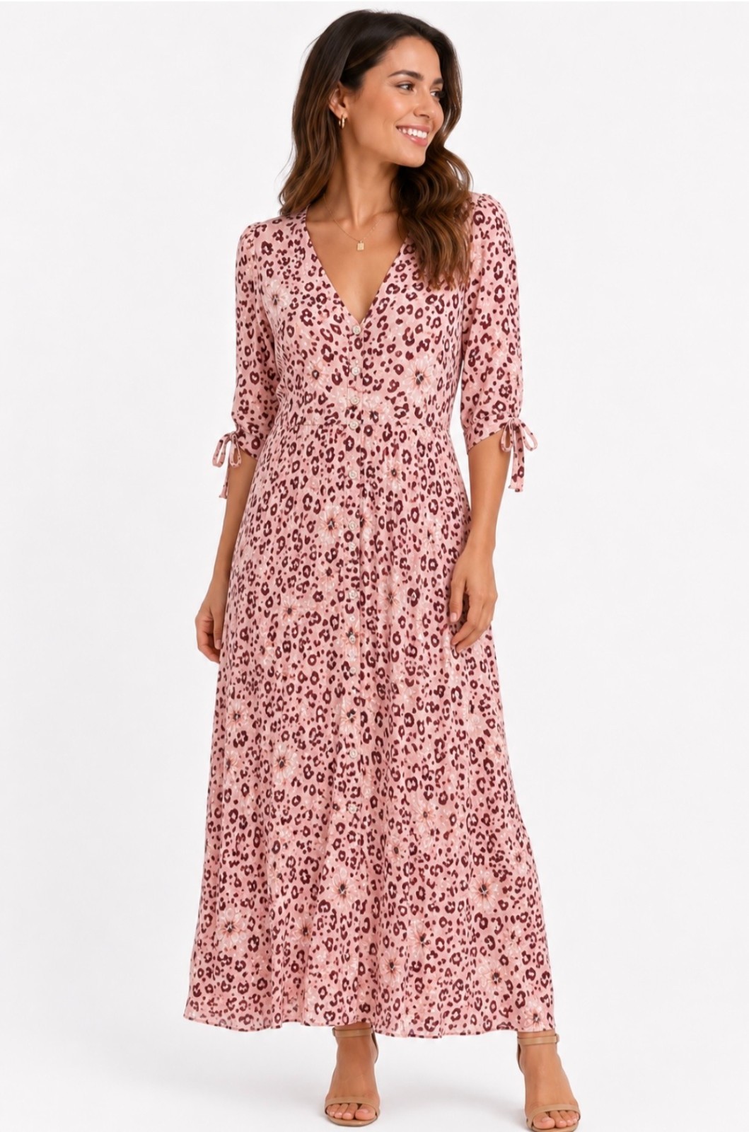 NEW Henry Oscar Dress Pink Floral Leopard Print Boho Midi Maxi Tie Sleeve Size 8