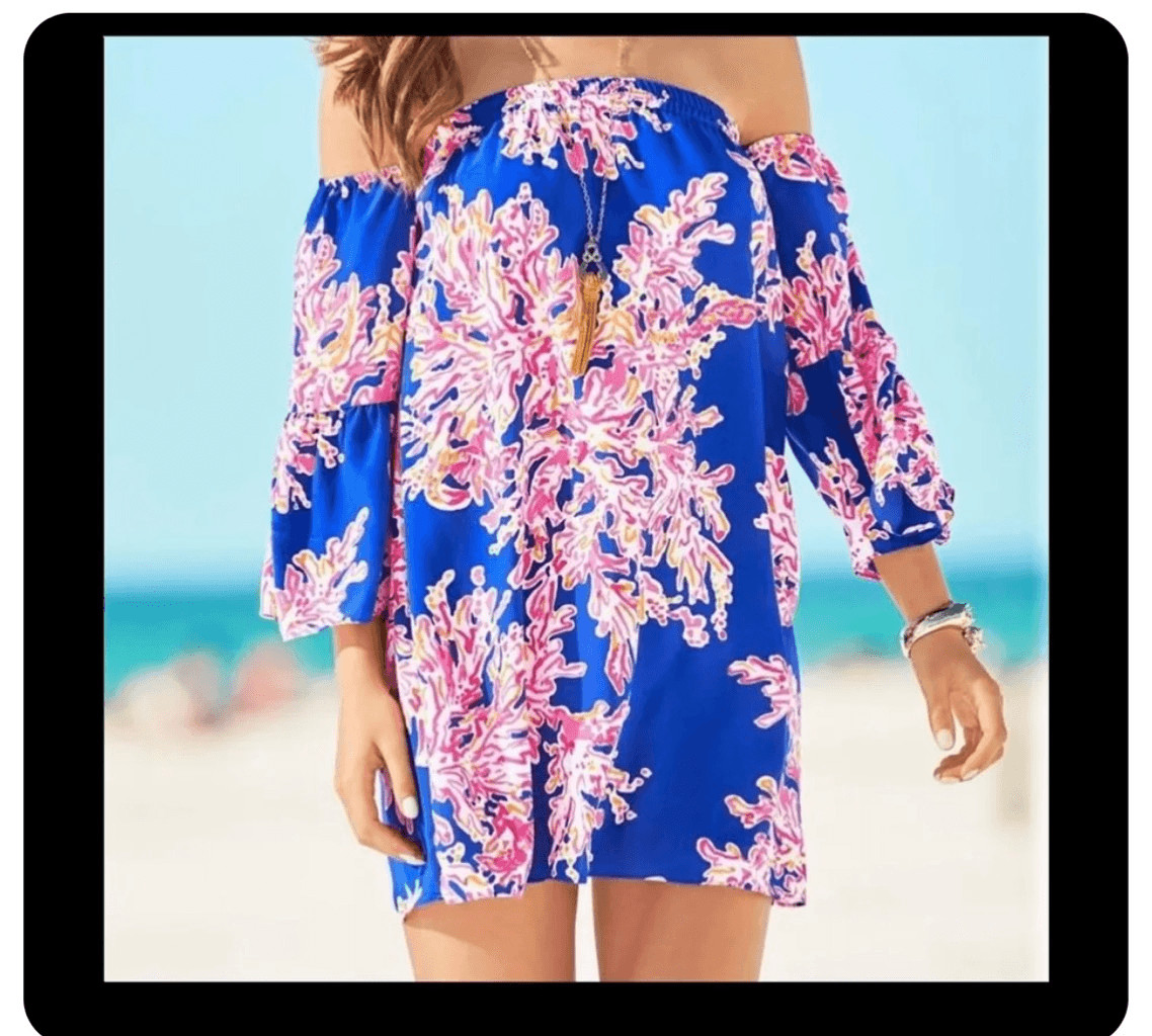 Lilly Pulitzer Sanilla Silk Dress Off The Shoulder xxs coral blue pink